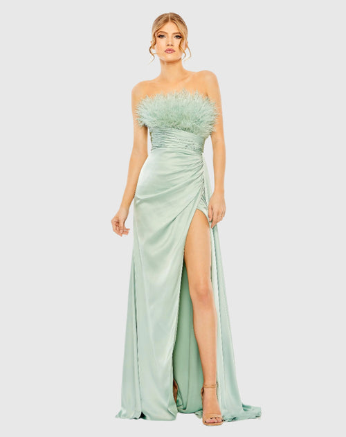 Strapless Feather Detail Satin Gown