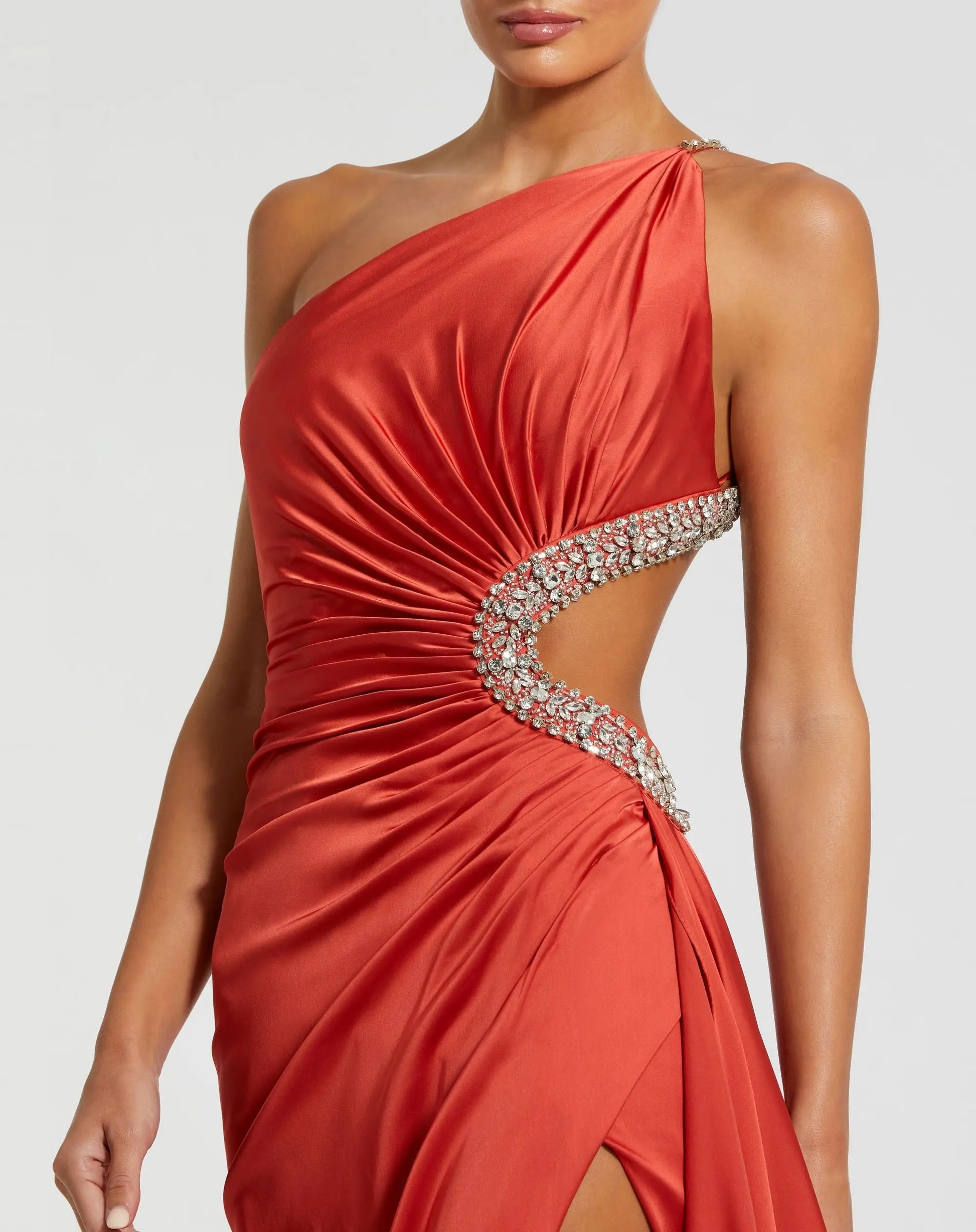 Red Jewel-Embellished Side Cut-Out A-Line Gown | Mac Duggal Red Jewel-Embellished Side Cut-Out A-Line Gown | Mac Duggal