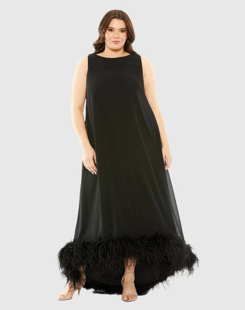 Black High Neck Feather Hem Gown