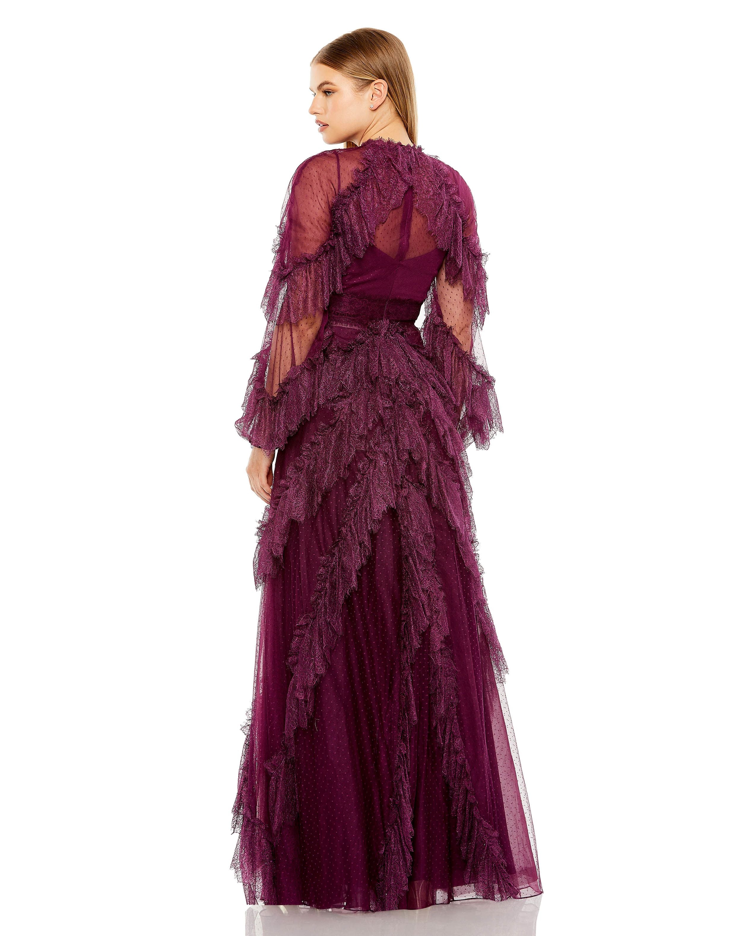 Long Sleeve Lace Ruffle Dot Net Gown | Sample | Sz. 2