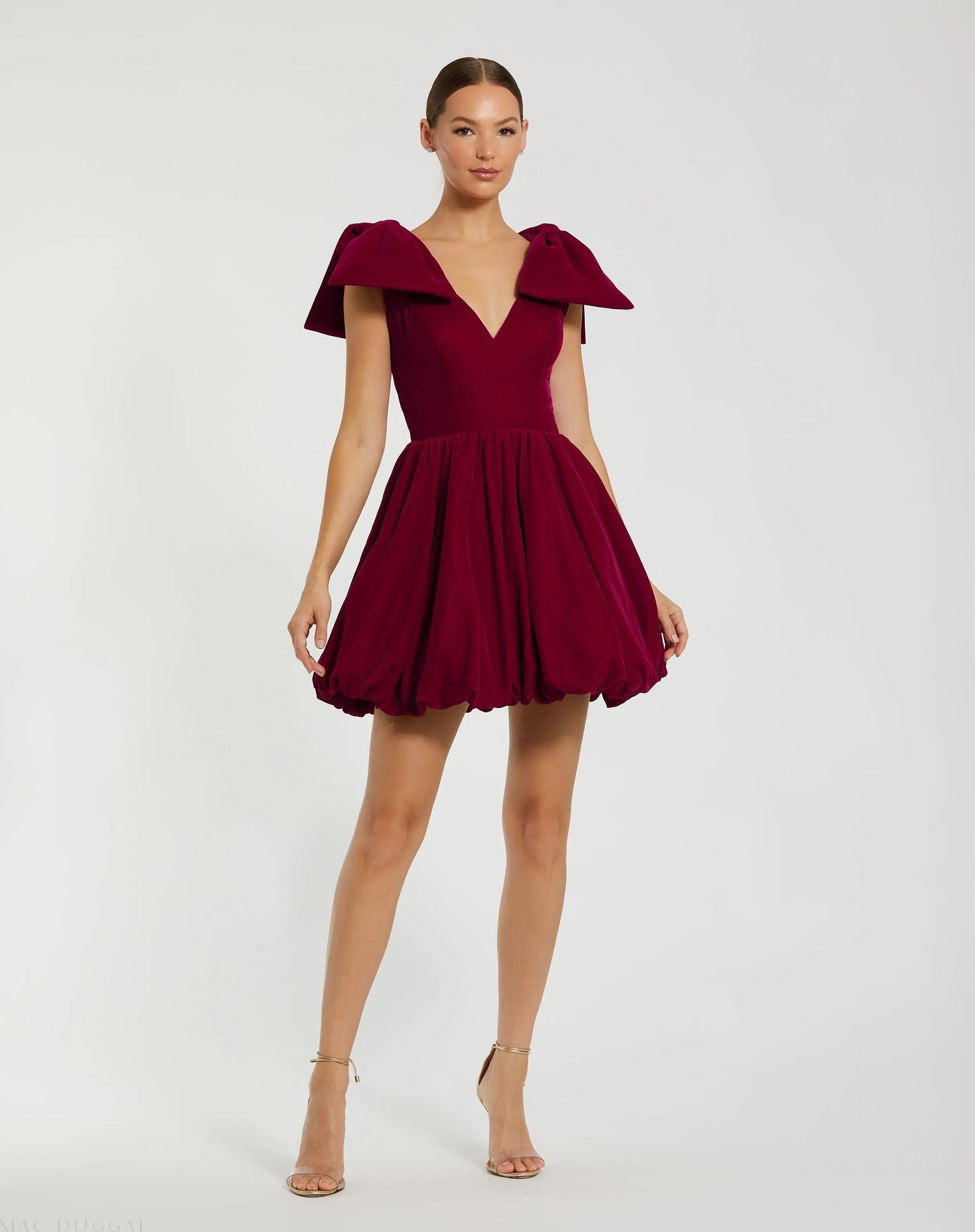 Red Velvet Shoulder Bow Bubble Mini Dress - Mac Duggal Red Velvet Shoulder Bow Bubble Mini Dress - Mac Duggal