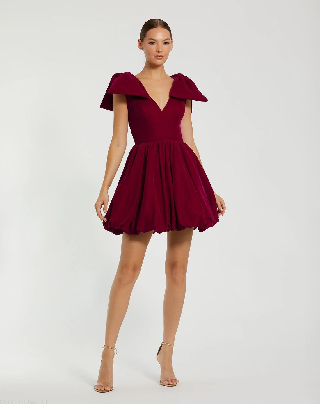 Red Velvet Shoulder Bow Bubble Mini Dress Red Velvet Shoulder Bow Bubble Mini Dress