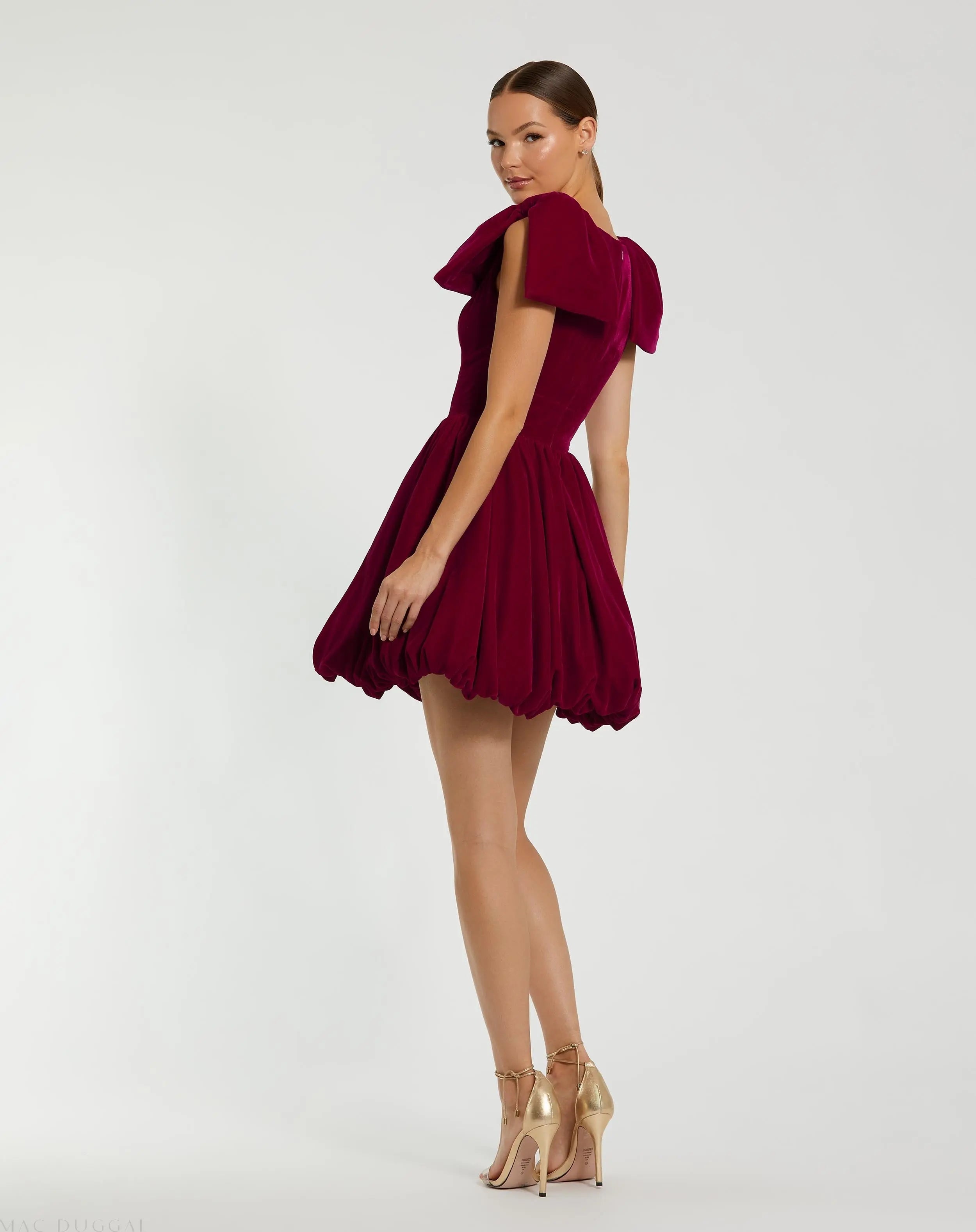 Red Velvet Shoulder Bow Bubble Mini Dress - Ieena for Mac Duggal