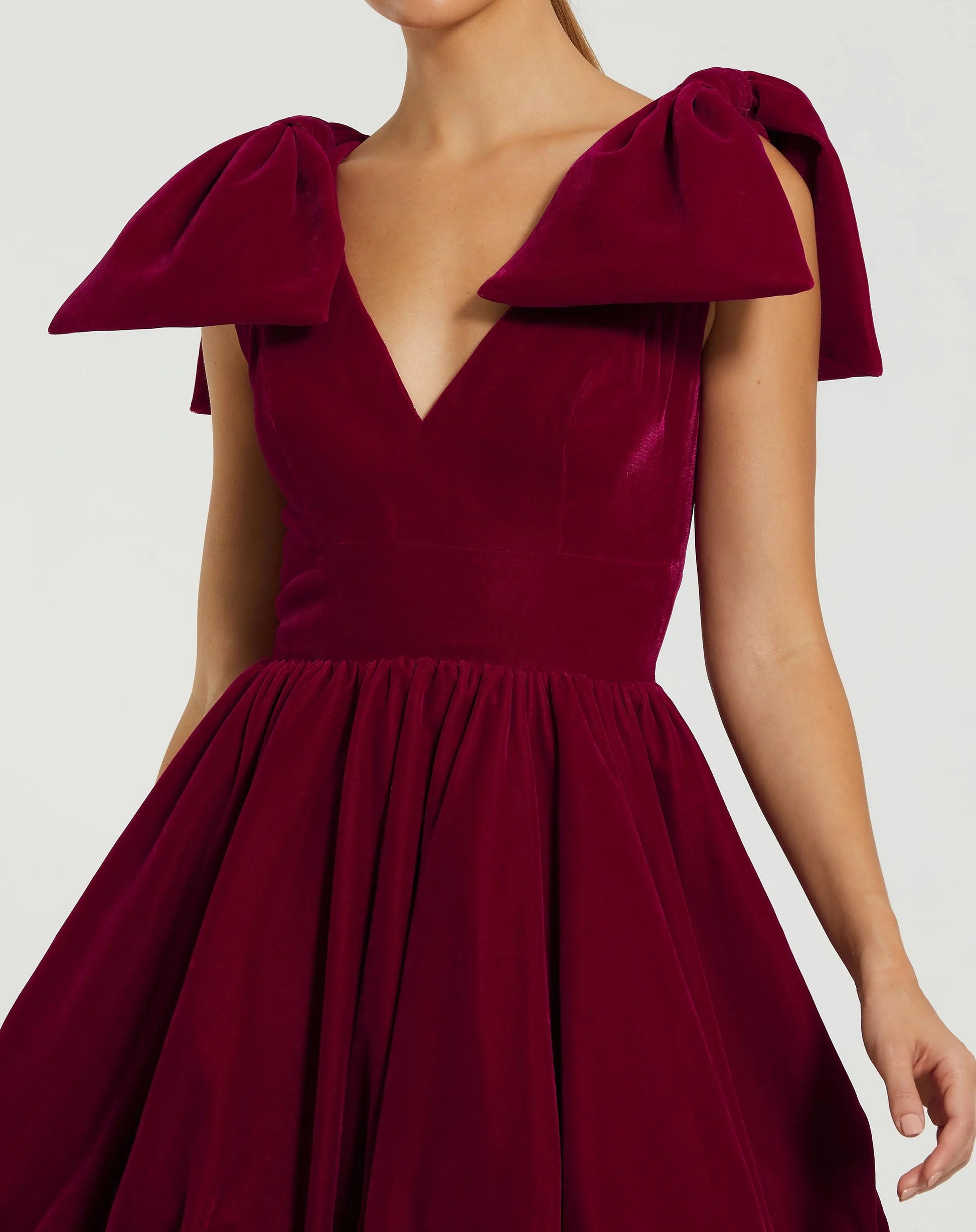 Red Velvet Shoulder Bow Bubble Mini Dress - Mac Duggal Red Velvet Shoulder Bow Bubble Mini Dress - Mac Duggal