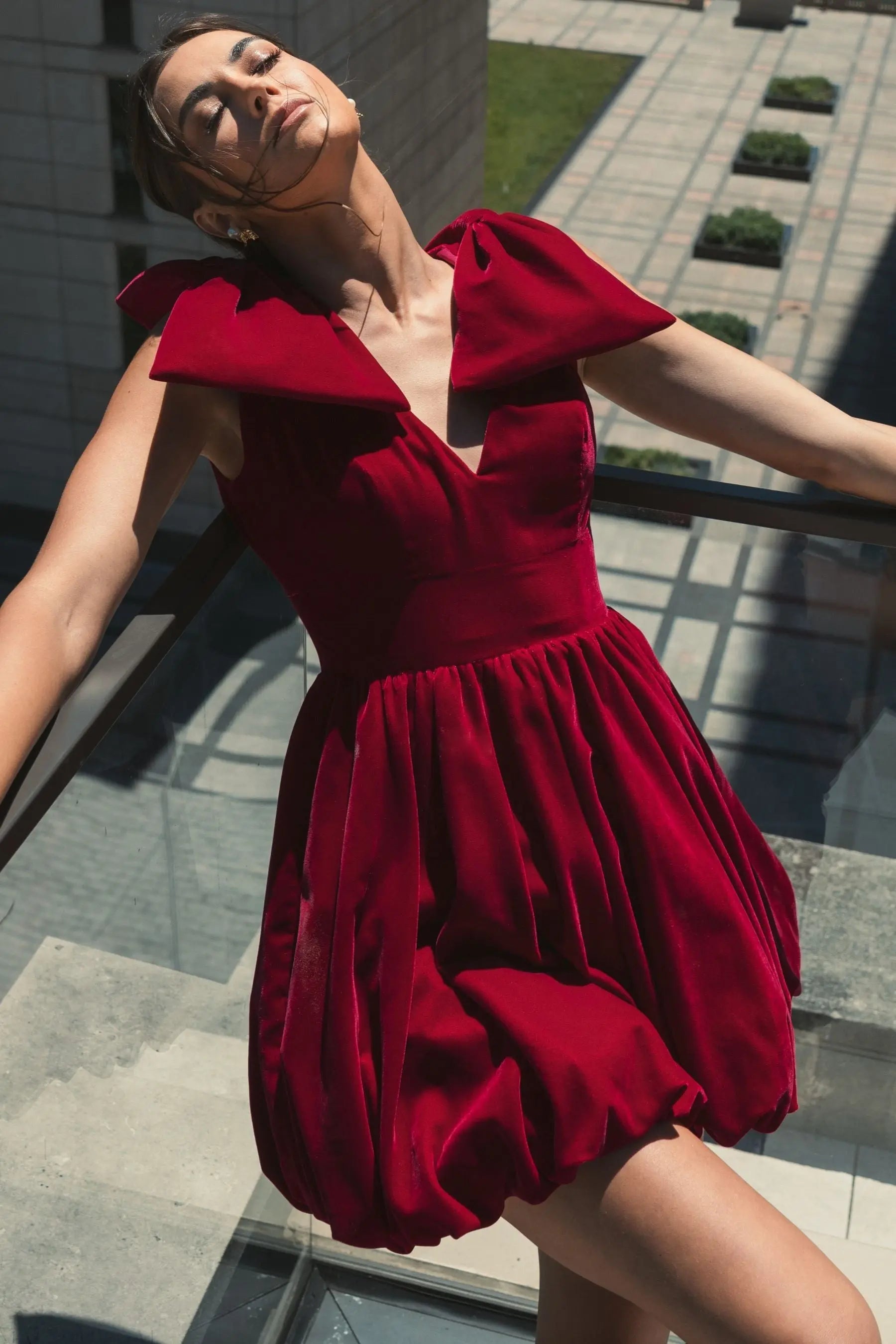 Red Velvet Shoulder Bow Bubble Mini Dress - Mac Duggal Red Velvet Shoulder Bow Bubble Mini Dress - Mac Duggal