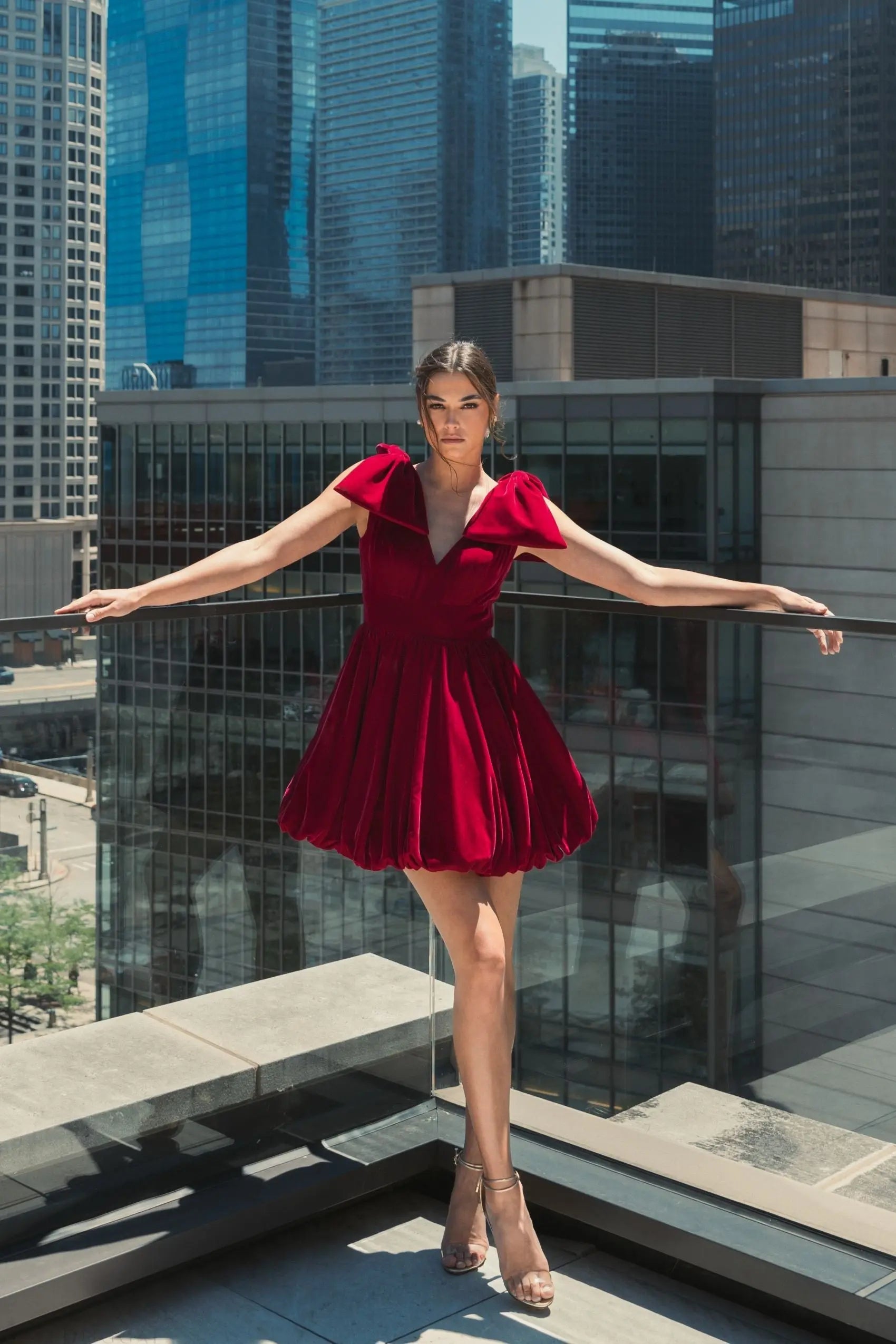 Red Velvet Shoulder Bow Bubble Mini Dress - Ieena for Mac Duggal