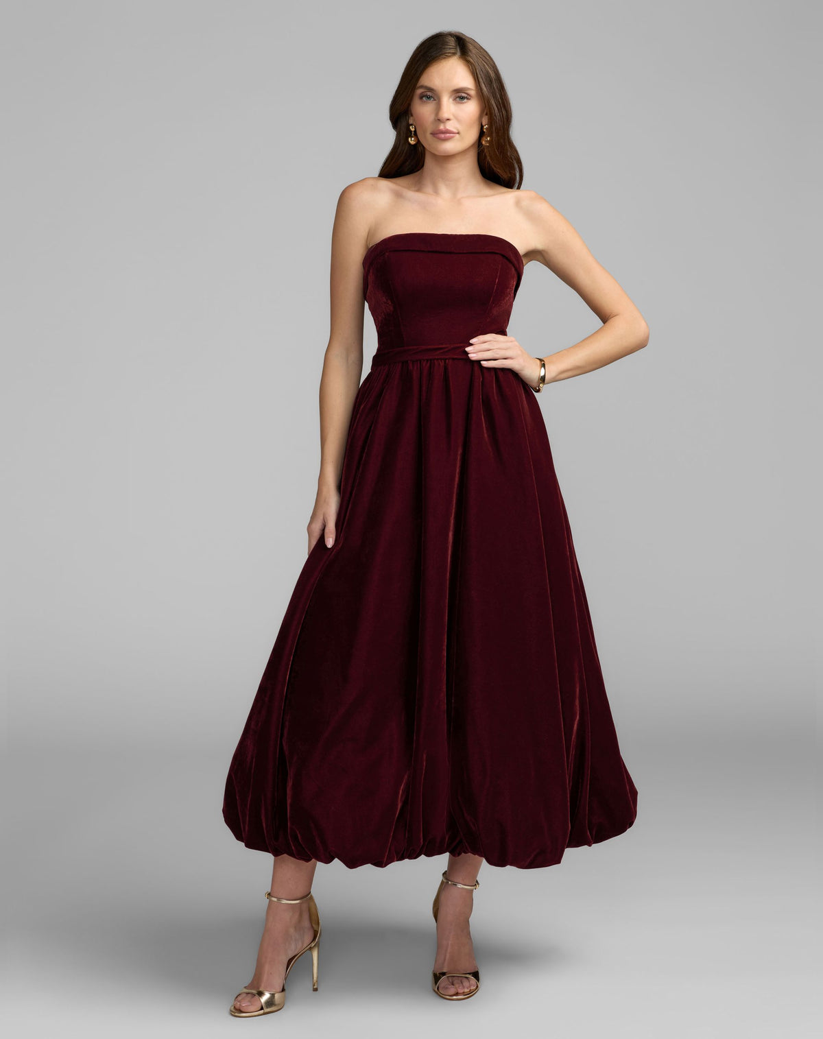 Wine Strapless Velvet A-Line Midi Dress - Mac Duggal