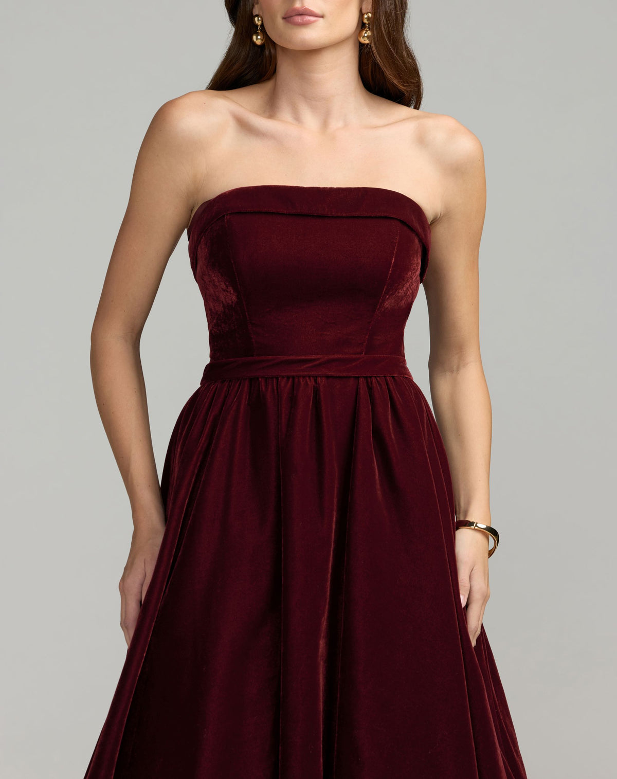Wine Strapless Velvet A-Line Midi Dress - Mac Duggal