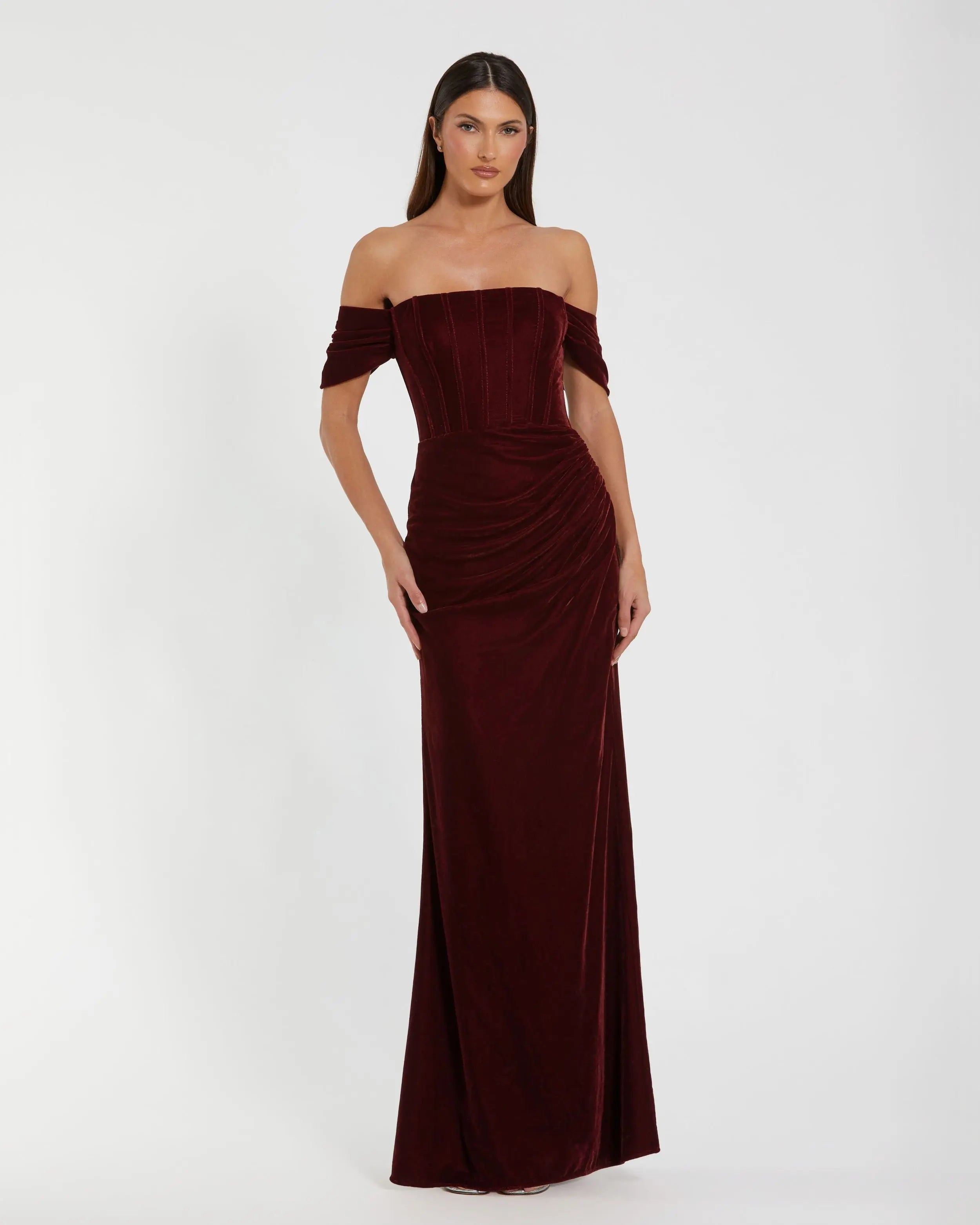 Red Off-the-Shoulder Velvet Bustier Gown - Ieena for Mac Duggal