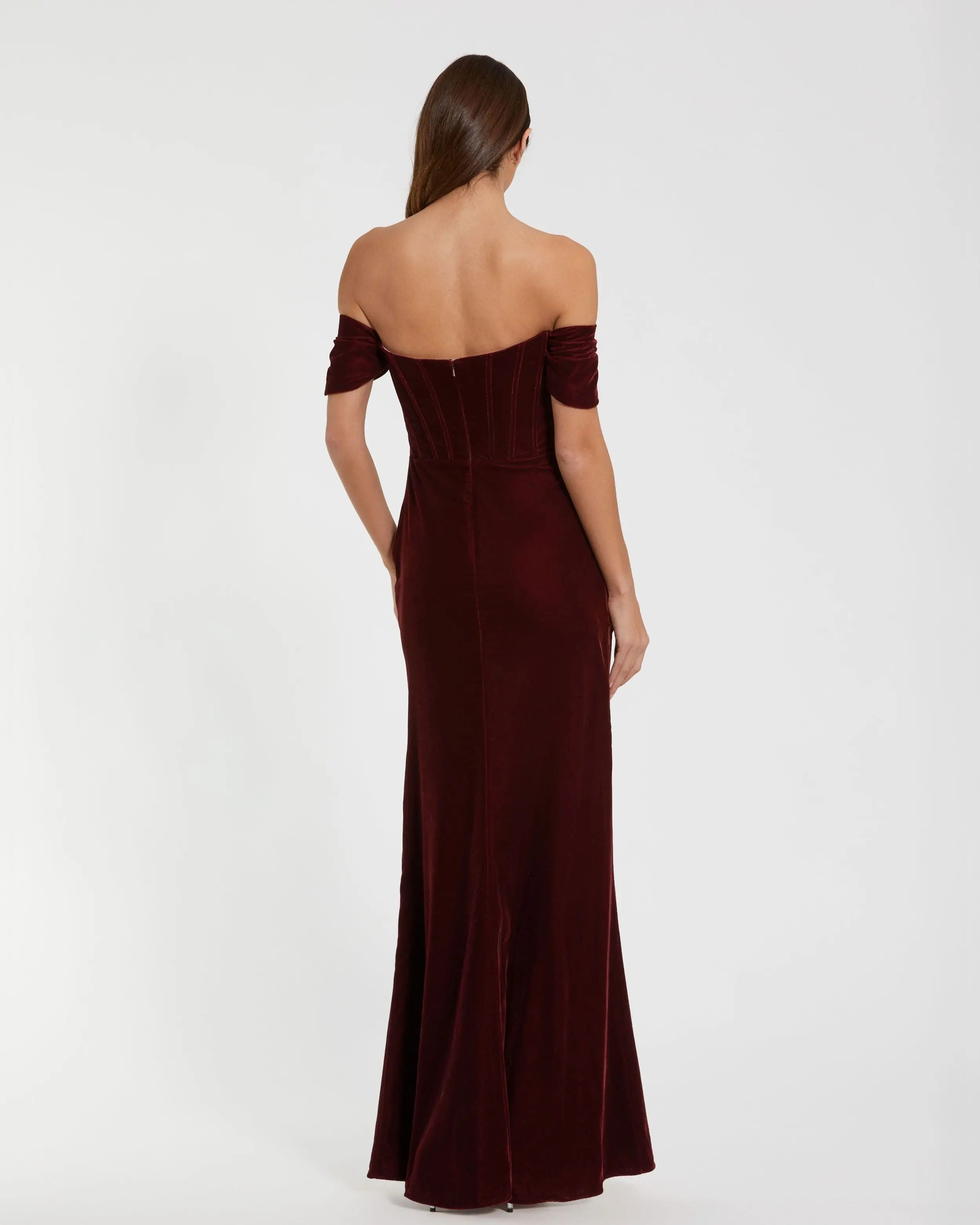 Red Off-the-Shoulder Velvet Bustier Gown Ieena for Mac Duggal