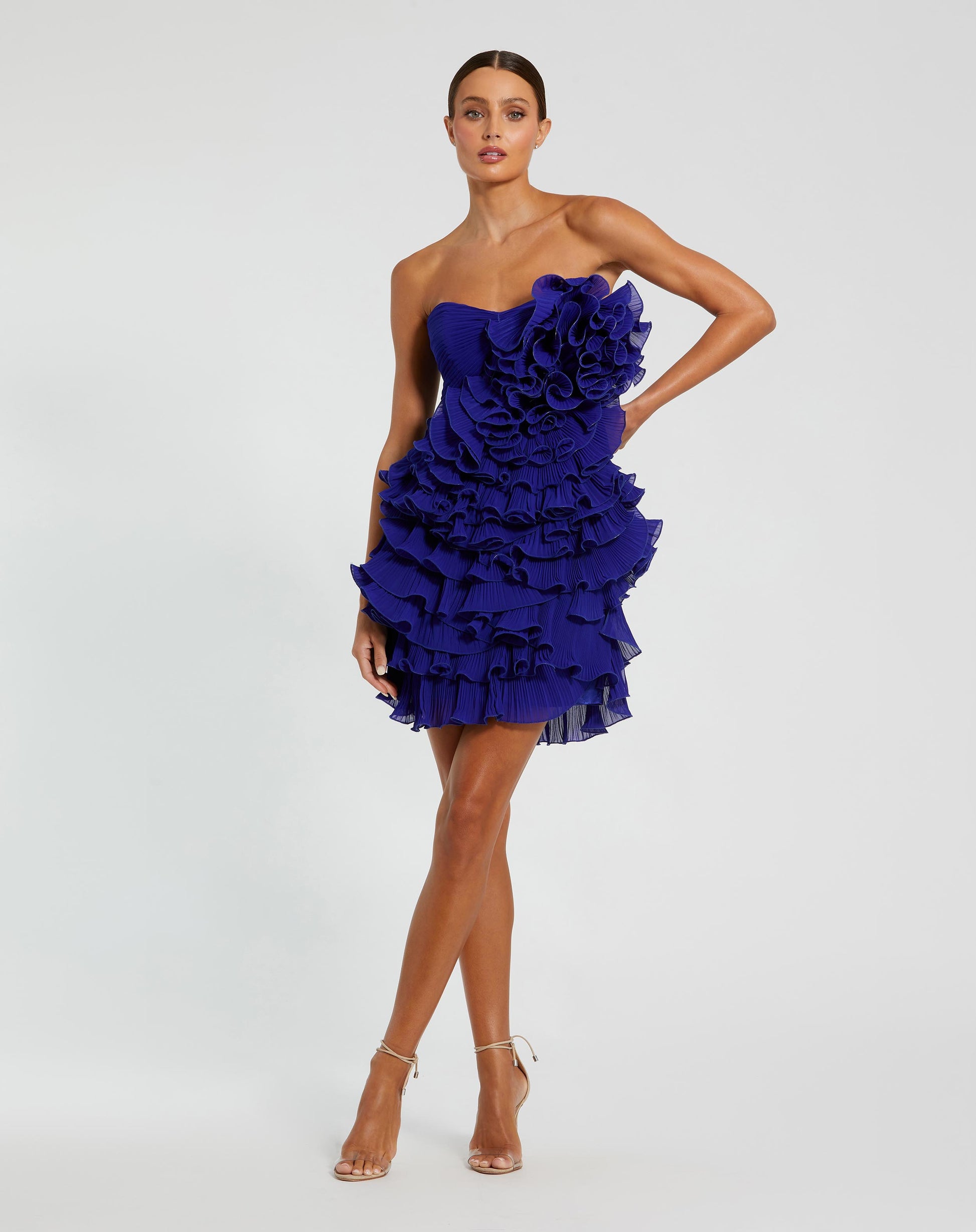 Blue Strapless Tiered Ruffle Mini Dress Ieena for Mac Duggal