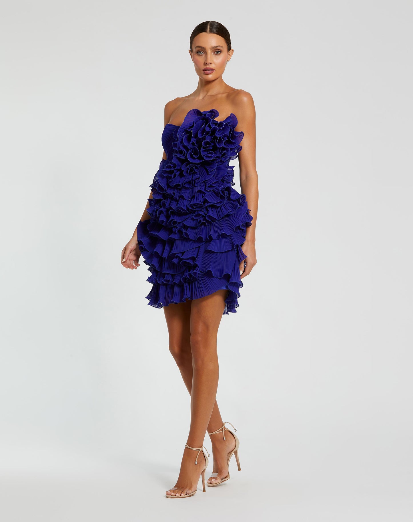 Blue Strapless Tiered Ruffle Mini Dress Ieena for Mac Duggal