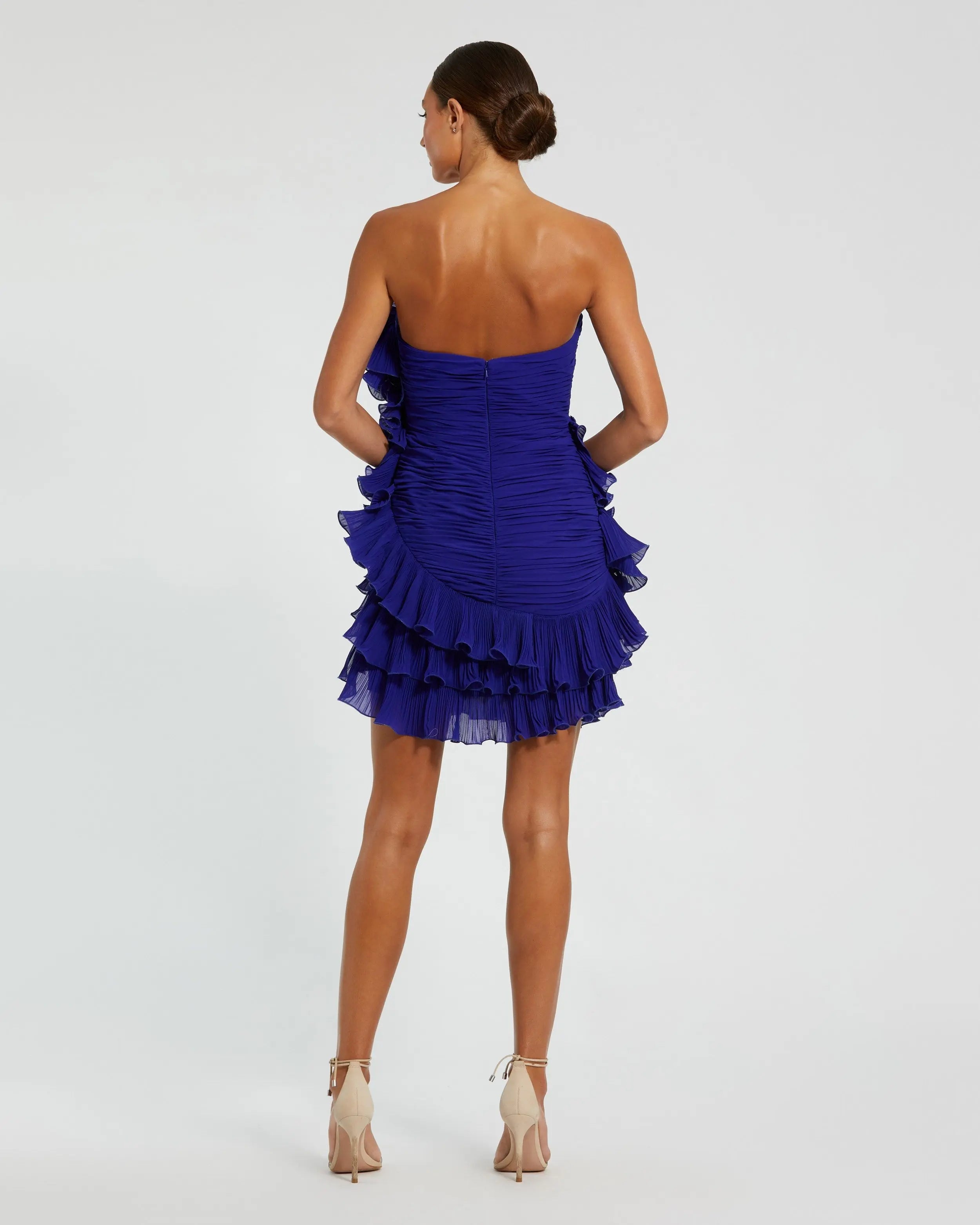 Blue Strapless Tiered Ruffle Mini Dress Ieena for Mac Duggal