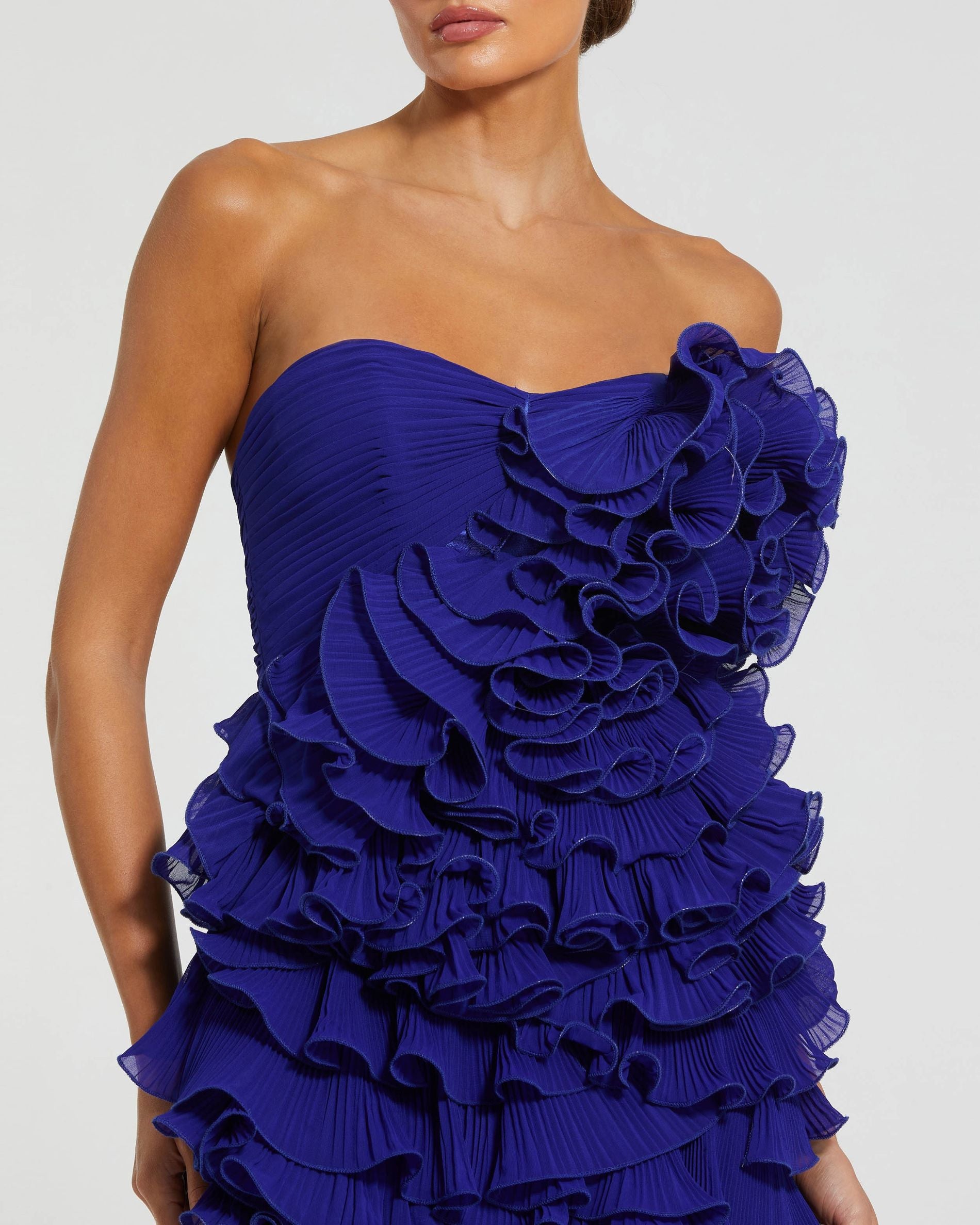 Blue Strapless Tiered Ruffle Mini Dress Ieena for Mac Duggal