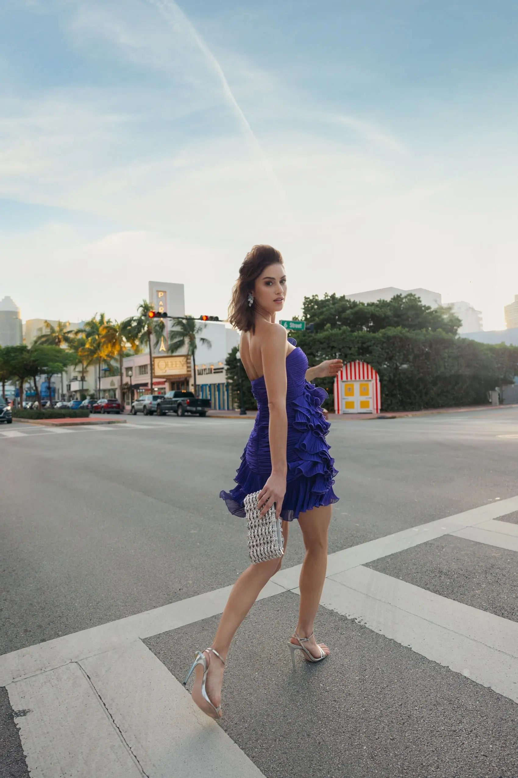 Blue Strapless Tiered Ruffle Mini Dress Ieena for Mac Duggal