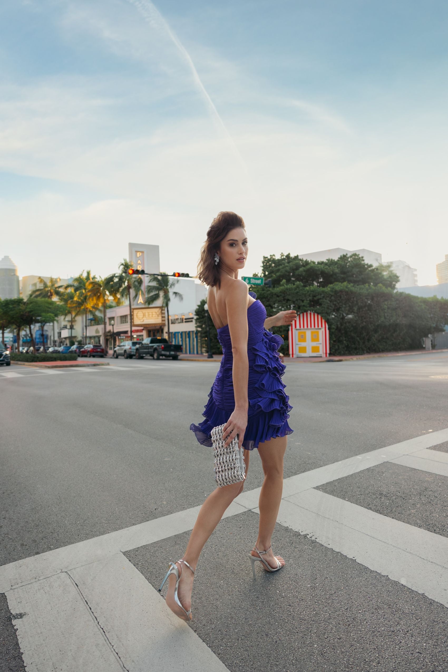 Blue Strapless Tiered Ruffle Mini Dress Ieena for Mac Duggal