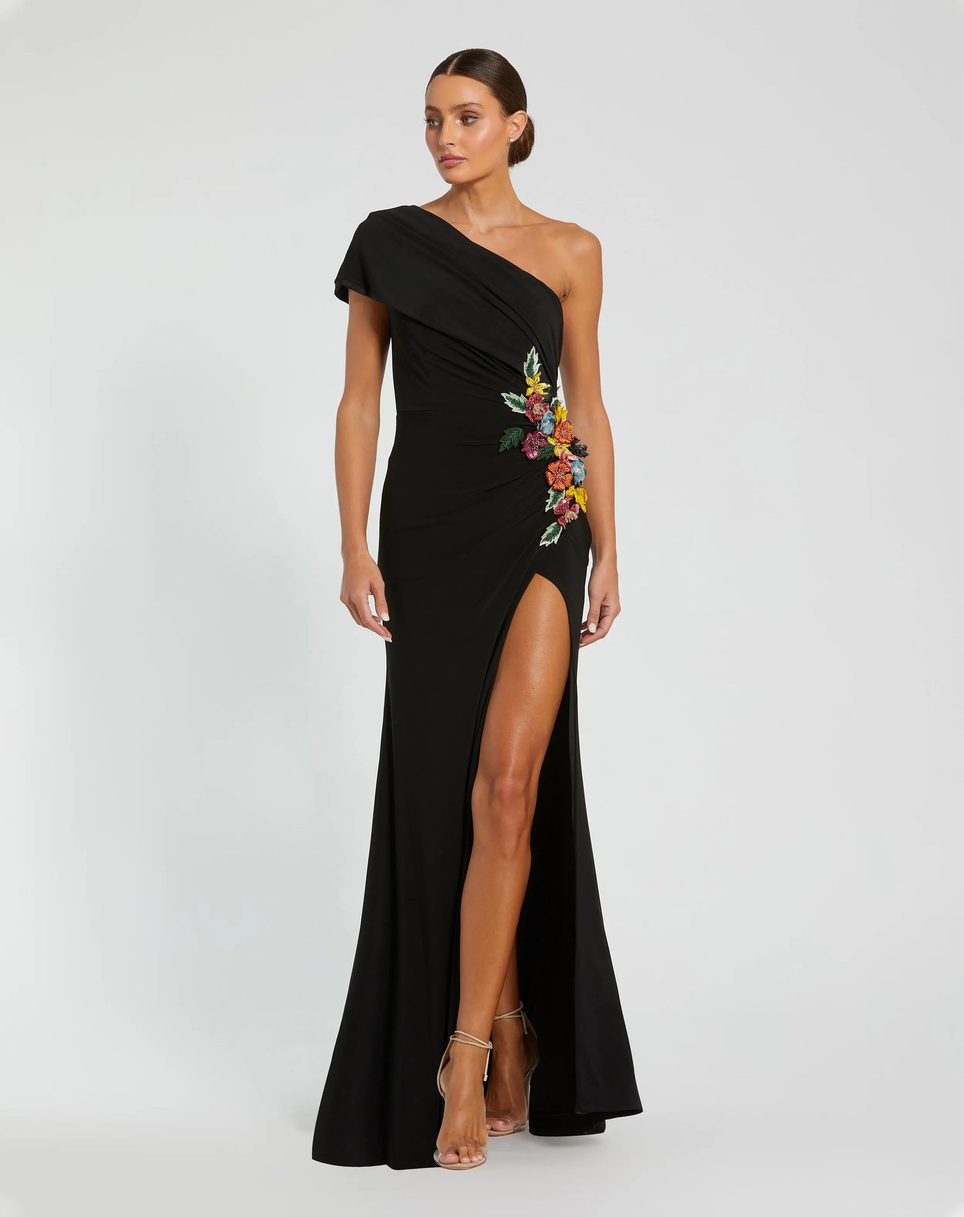 Black One Shoulder Beaded Jersey Gown - Mac Duggal