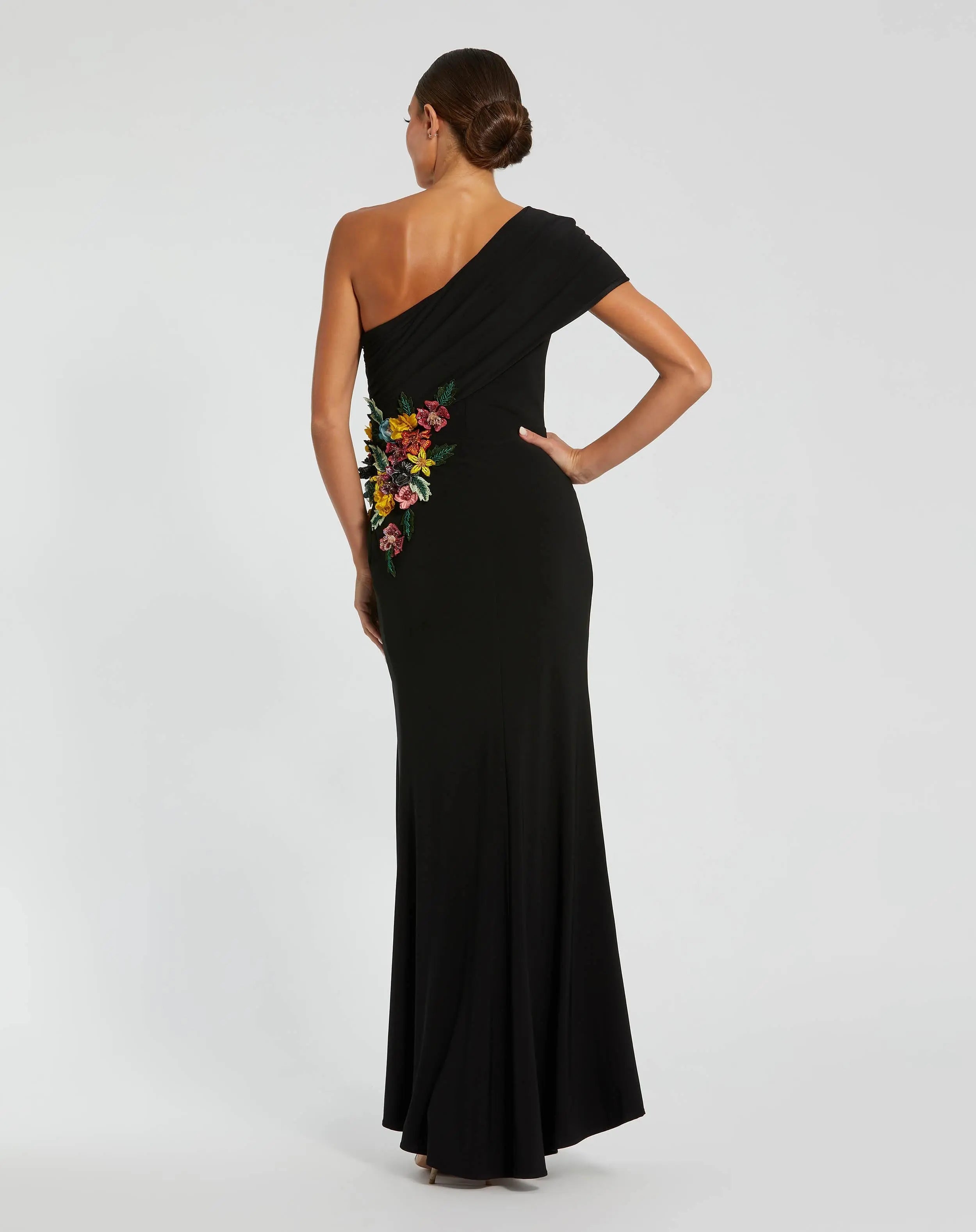 Black One Shoulder Beaded Jersey Gown - Mac Duggal