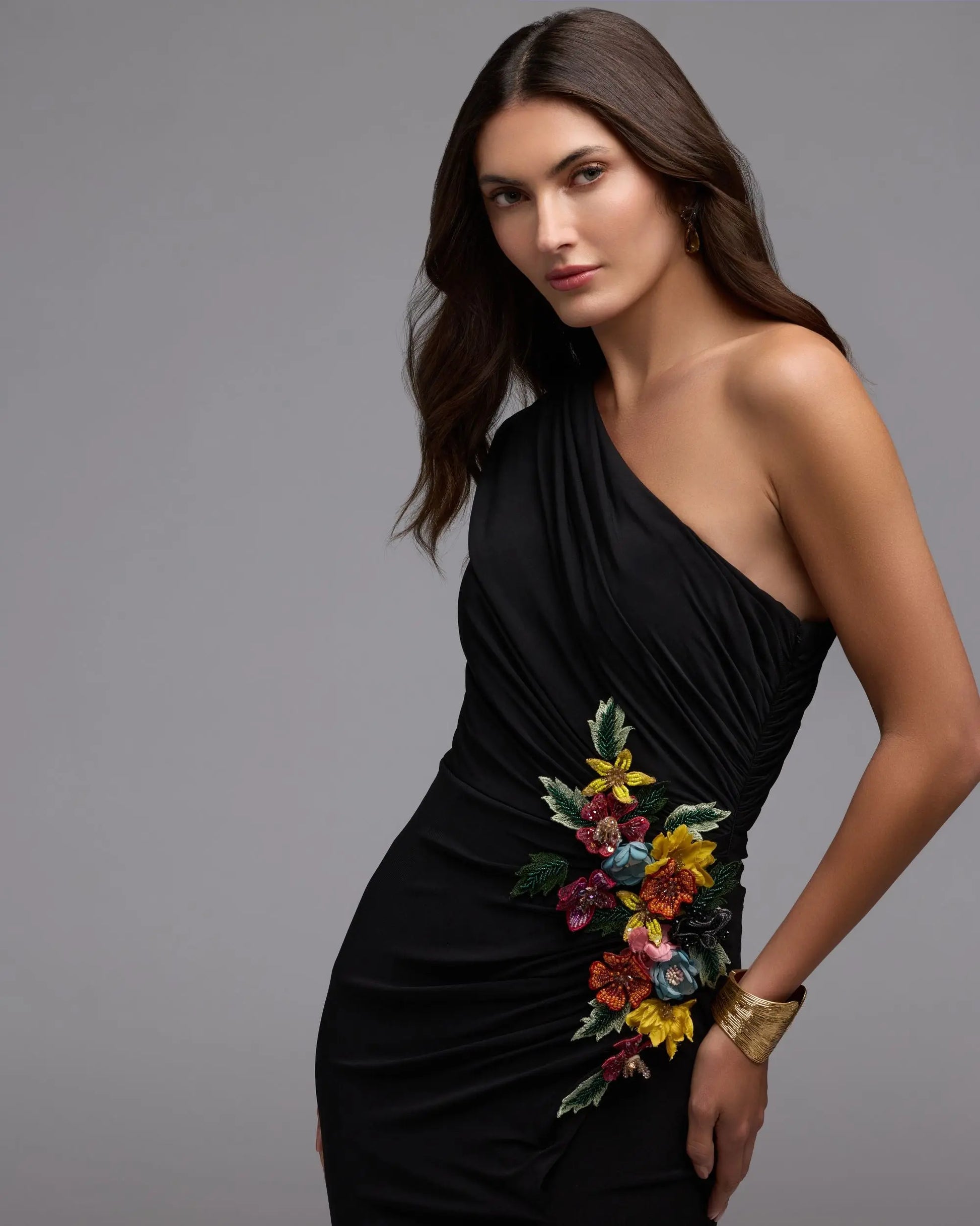 Black One Shoulder Beaded Jersey Gown - Mac Duggal