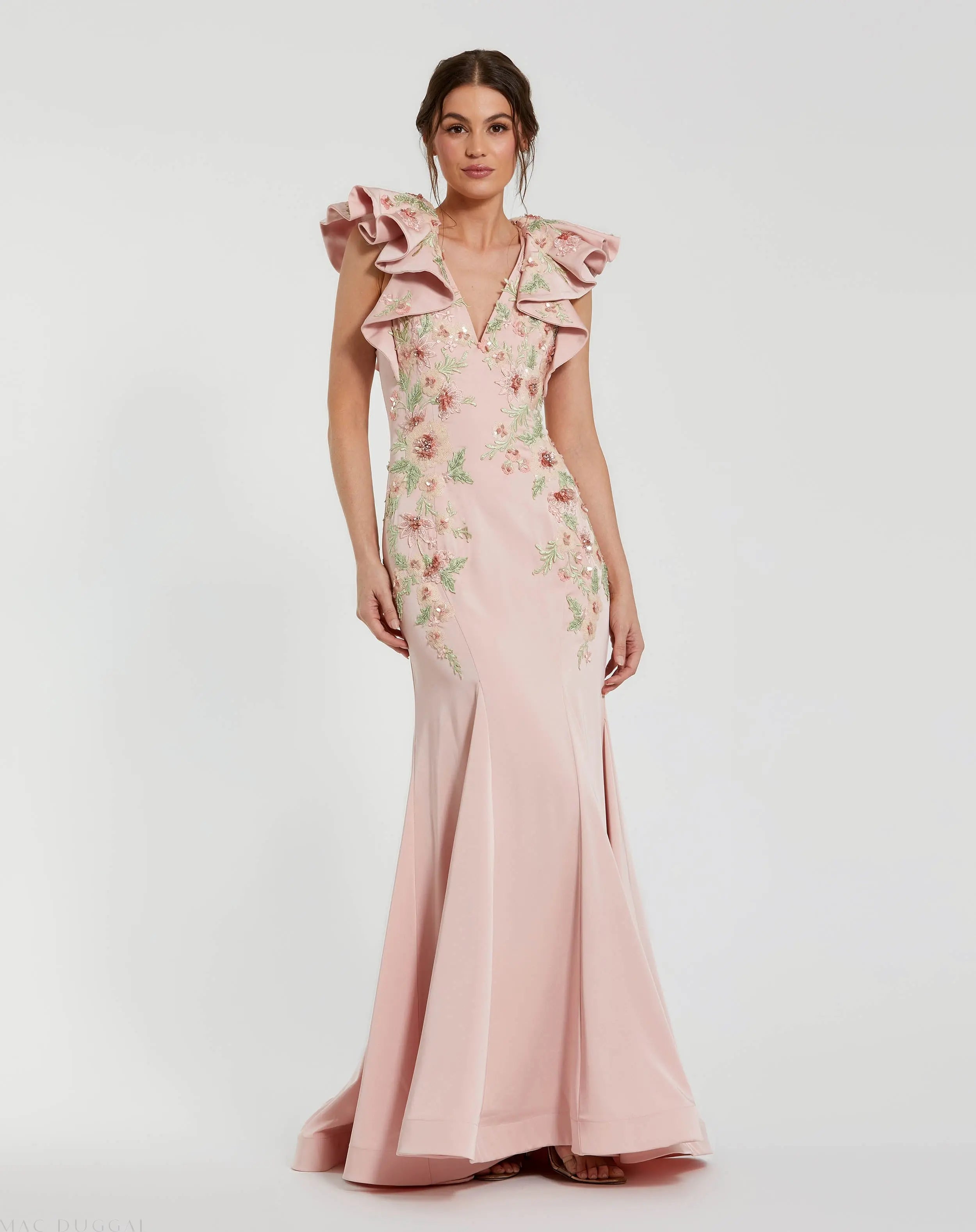 Pink Flutter Sleeve Embellished Mermaid Gown - Mac Duggal