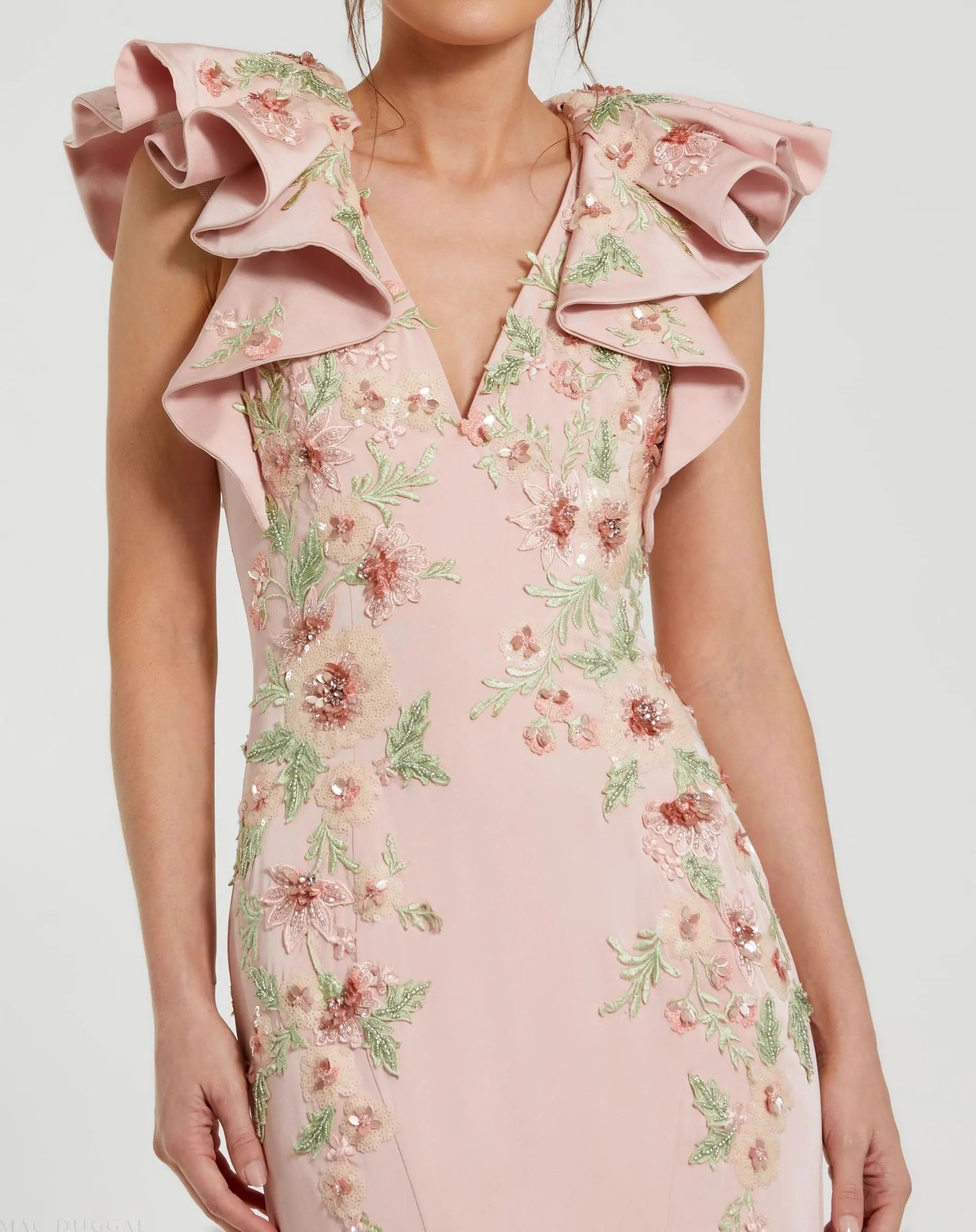 Pink Flutter Sleeve Embellished Mermaid Gown - Mac Duggal