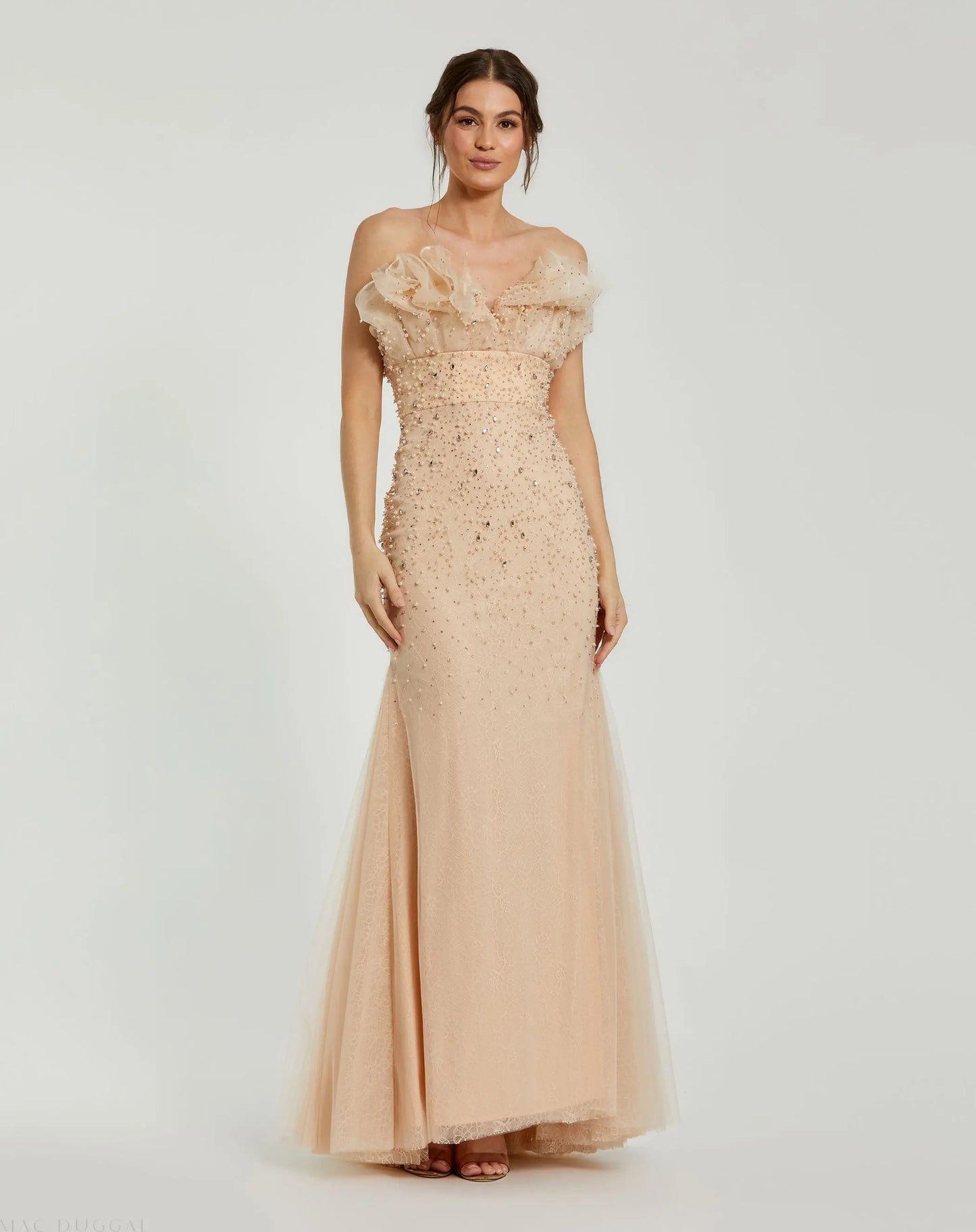 Beige Strapless Embellished Tulle Mermaid Gown - Mac Duggal