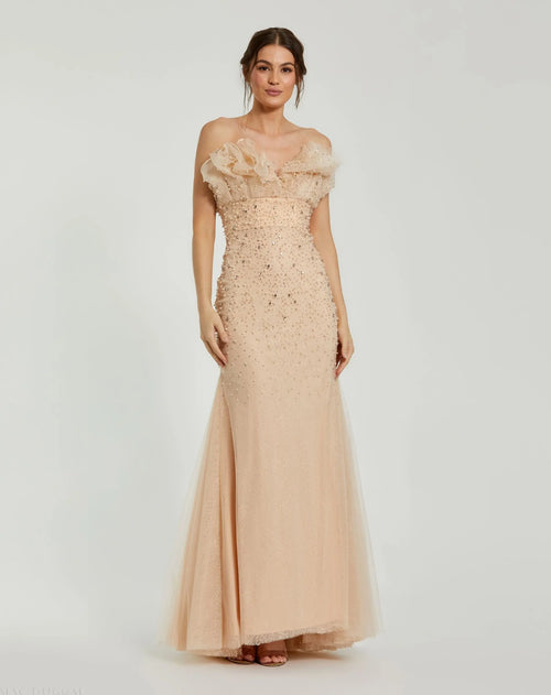 Beige Strapless Embellished Tulle Mermaid Gown - Mac Duggal