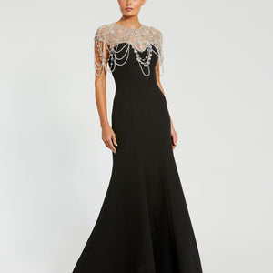 Draped Pearl Beaded Mermaid Gown