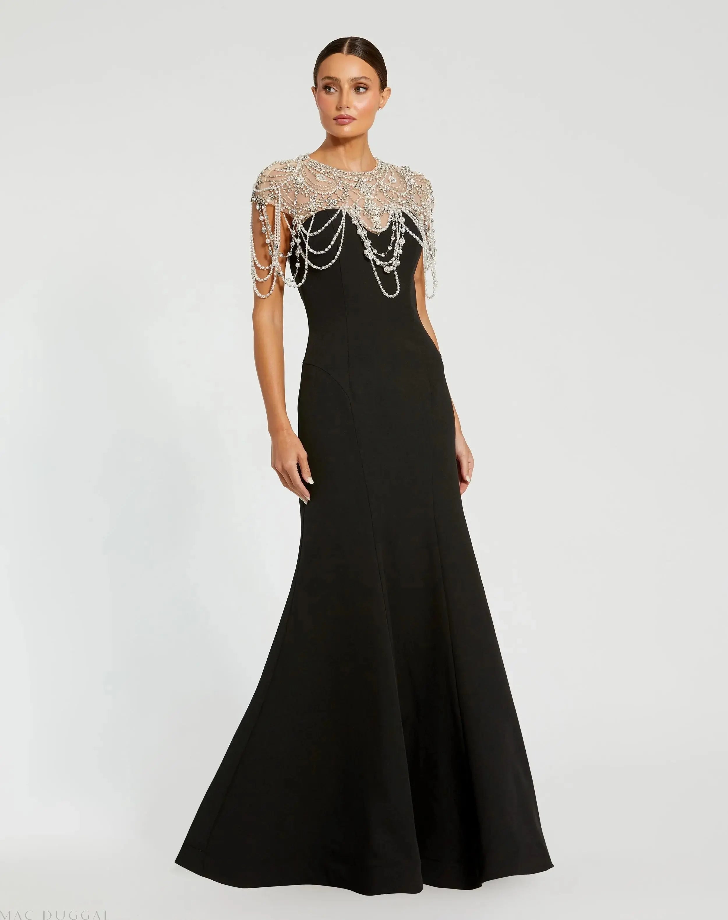 Black Draped Pearl Beaded Mermaid Gown - Mac Duggal