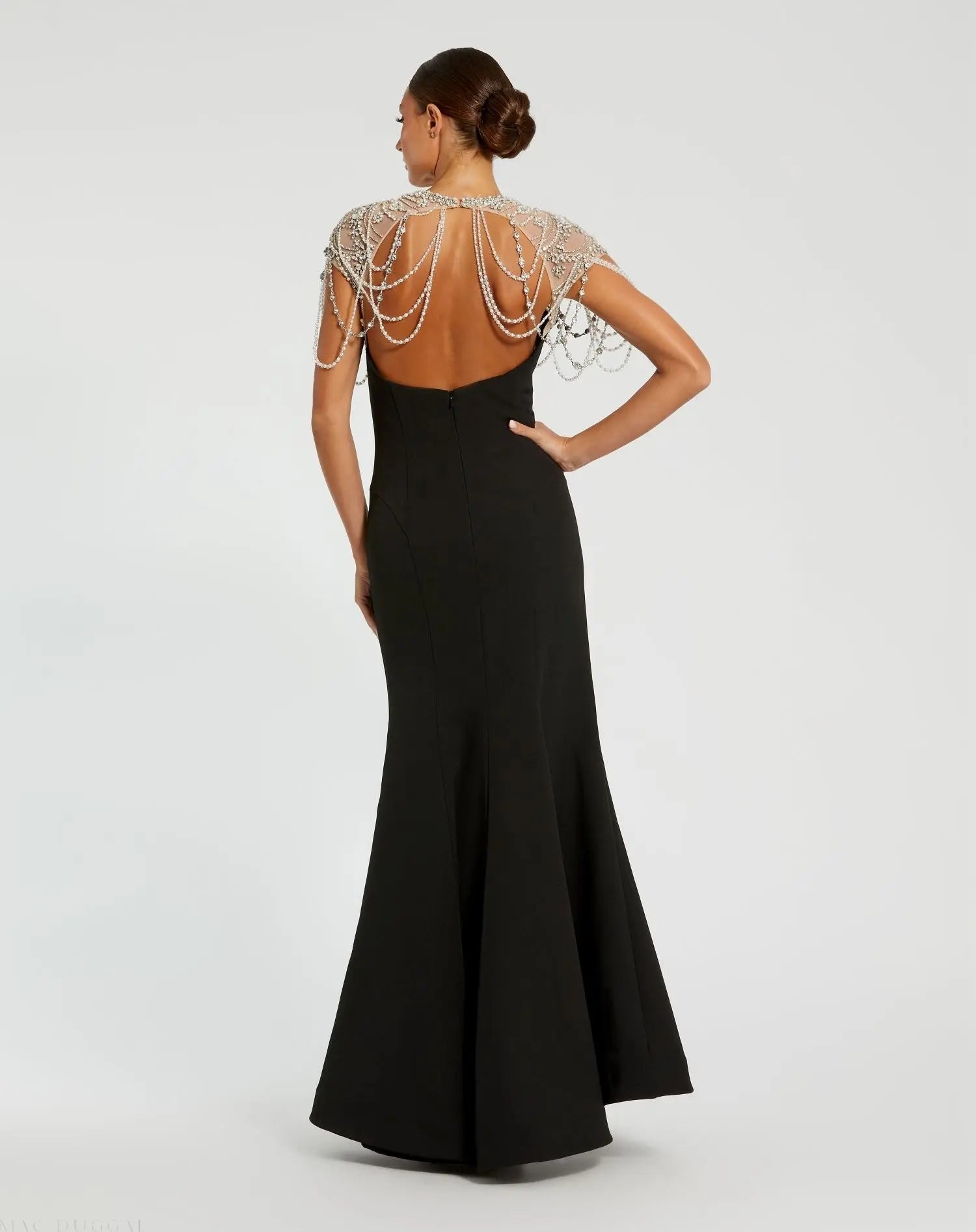 Black Draped Pearl Beaded Mermaid Gown - Mac Duggal