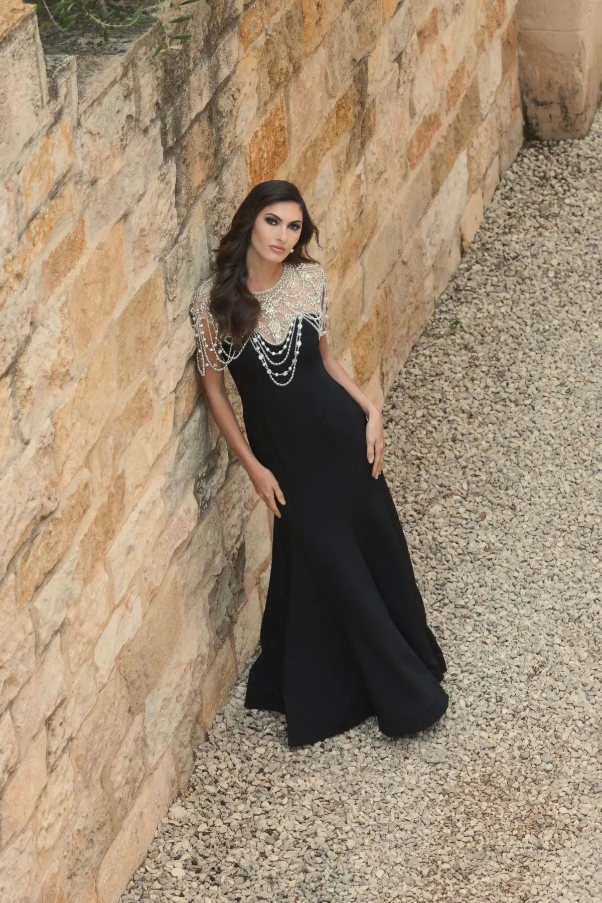 mermaid black dress Mac Duggal - Black Draped Pearl Beaded Mermaid Gown