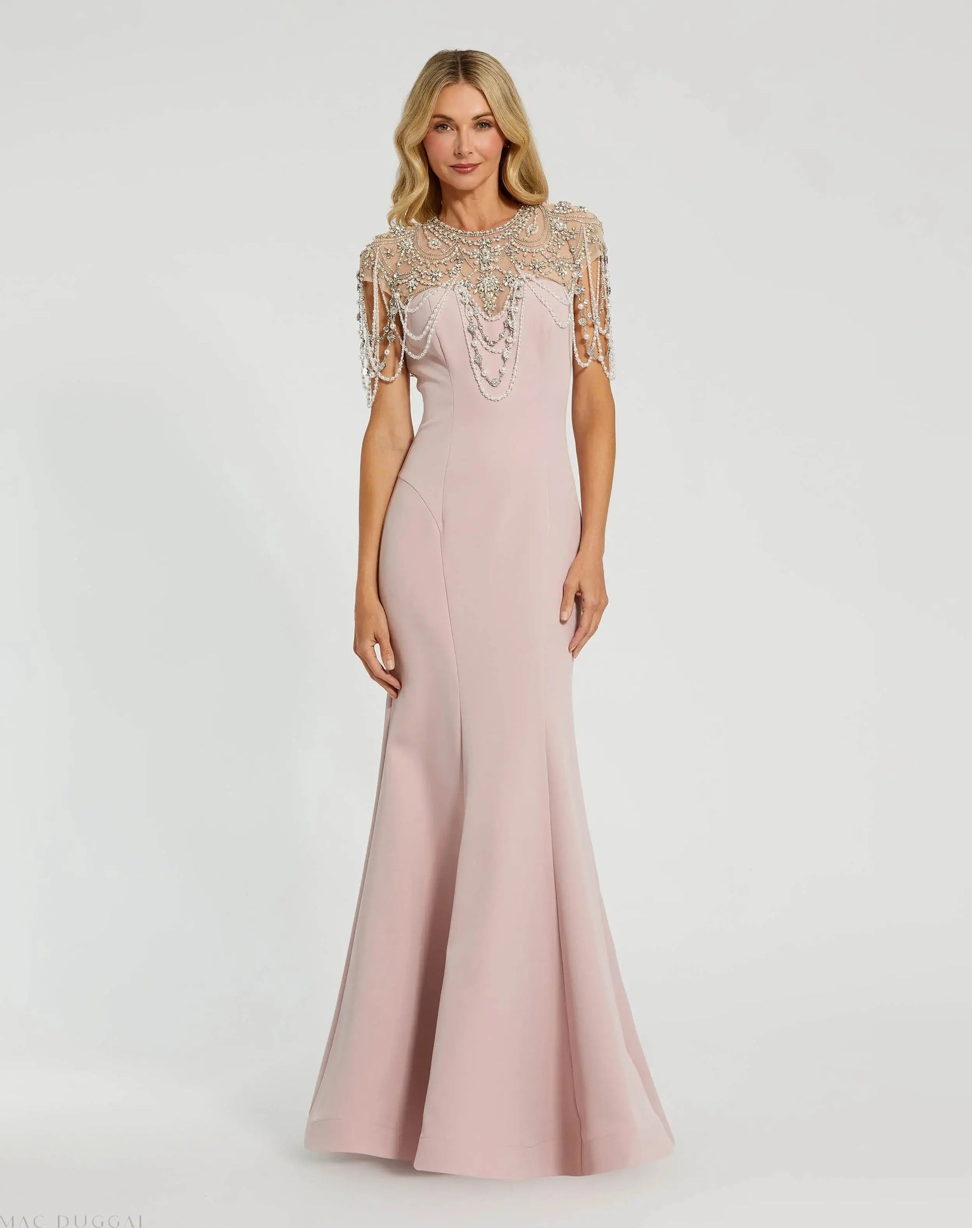 Pink Draped Pearl Beaded Mermaid Gown - Mac Duggal Pink Draped Pearl Beaded Mermaid Gown - Mac Duggal