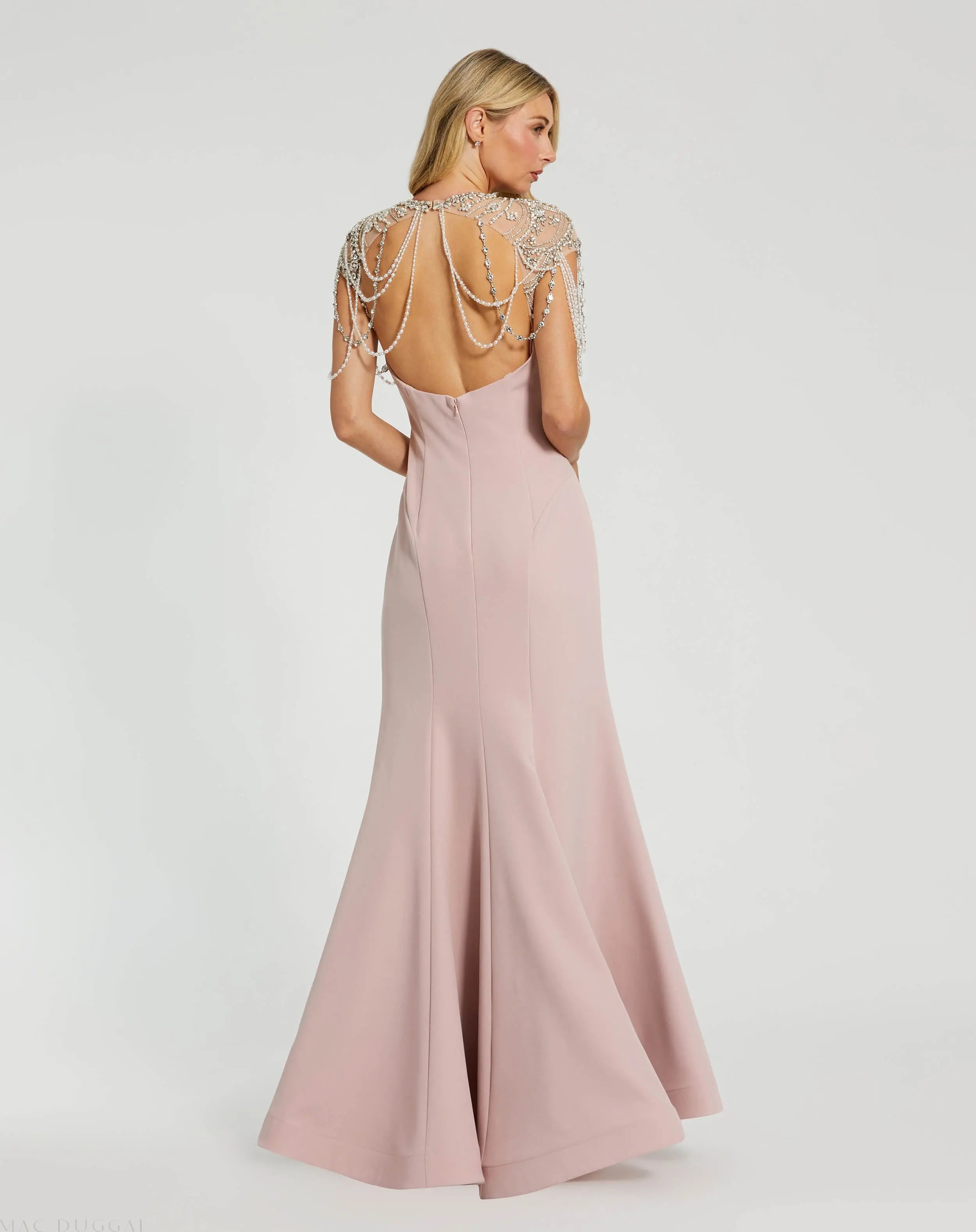 Pink Draped Pearl Beaded Mermaid Gown - Mac Duggal