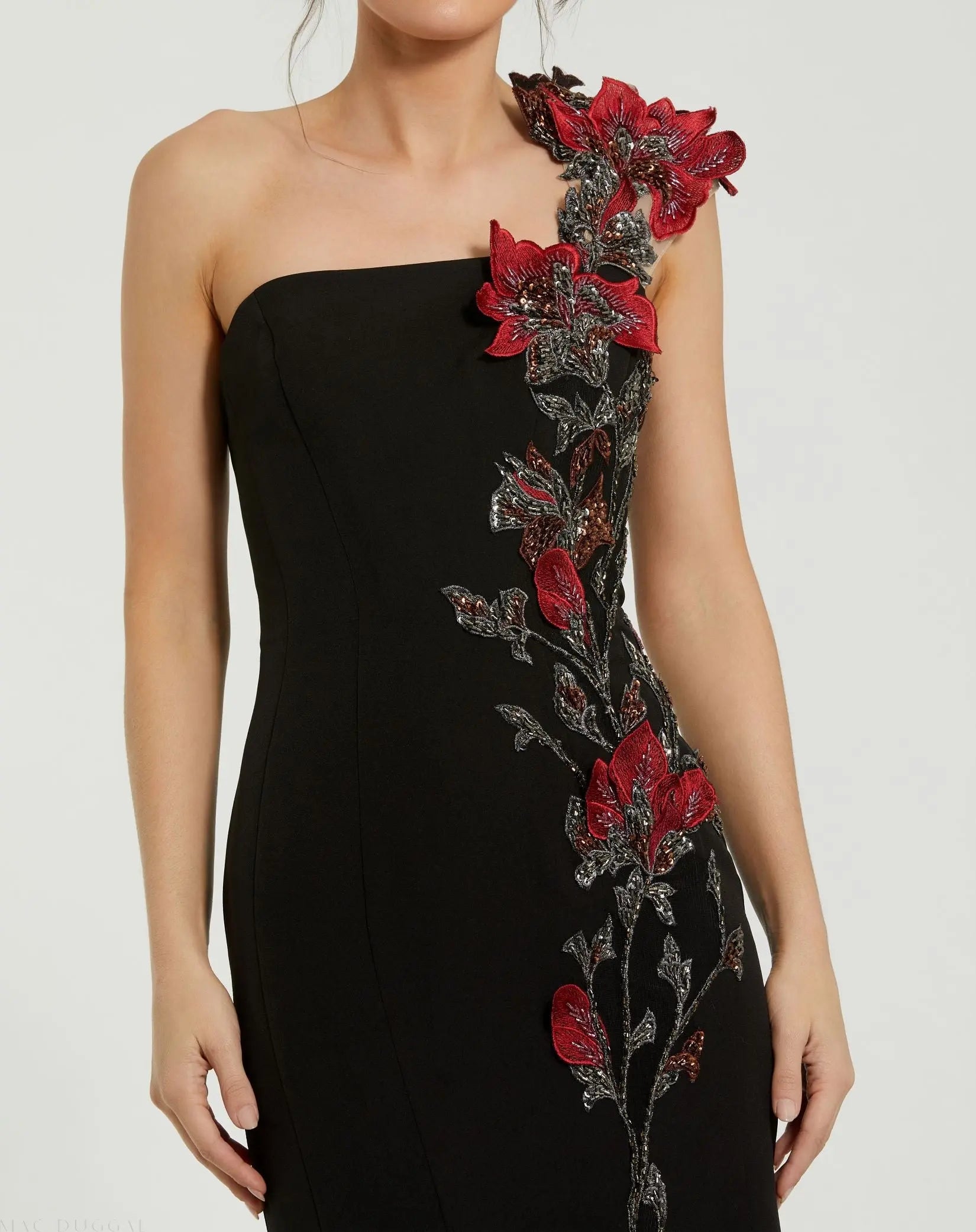Mac Duggal - Black One Shoulder Embroidered Mermaid Gown - Black Multi / US 4 Mac Duggal - Black One Shoulder Embroidered Mermaid Gown - Black Multi / US 4