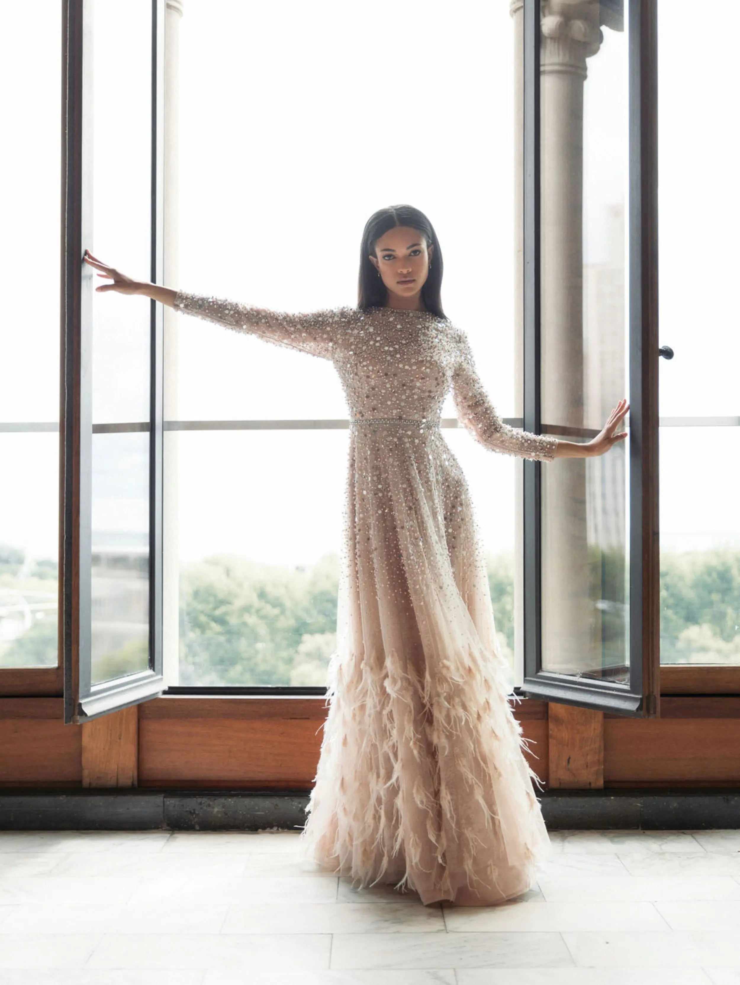 Pink Disc Embellished Sequin Gown with Feather Detail - Mac Duggal