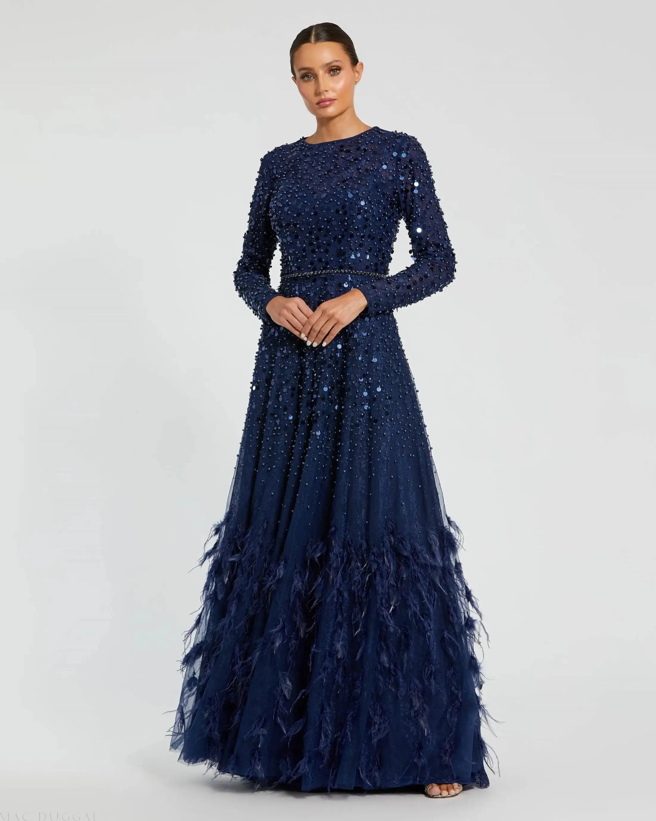 Navy Disc Embellished Sequin Gown with Feather Detail - Mac Duggal