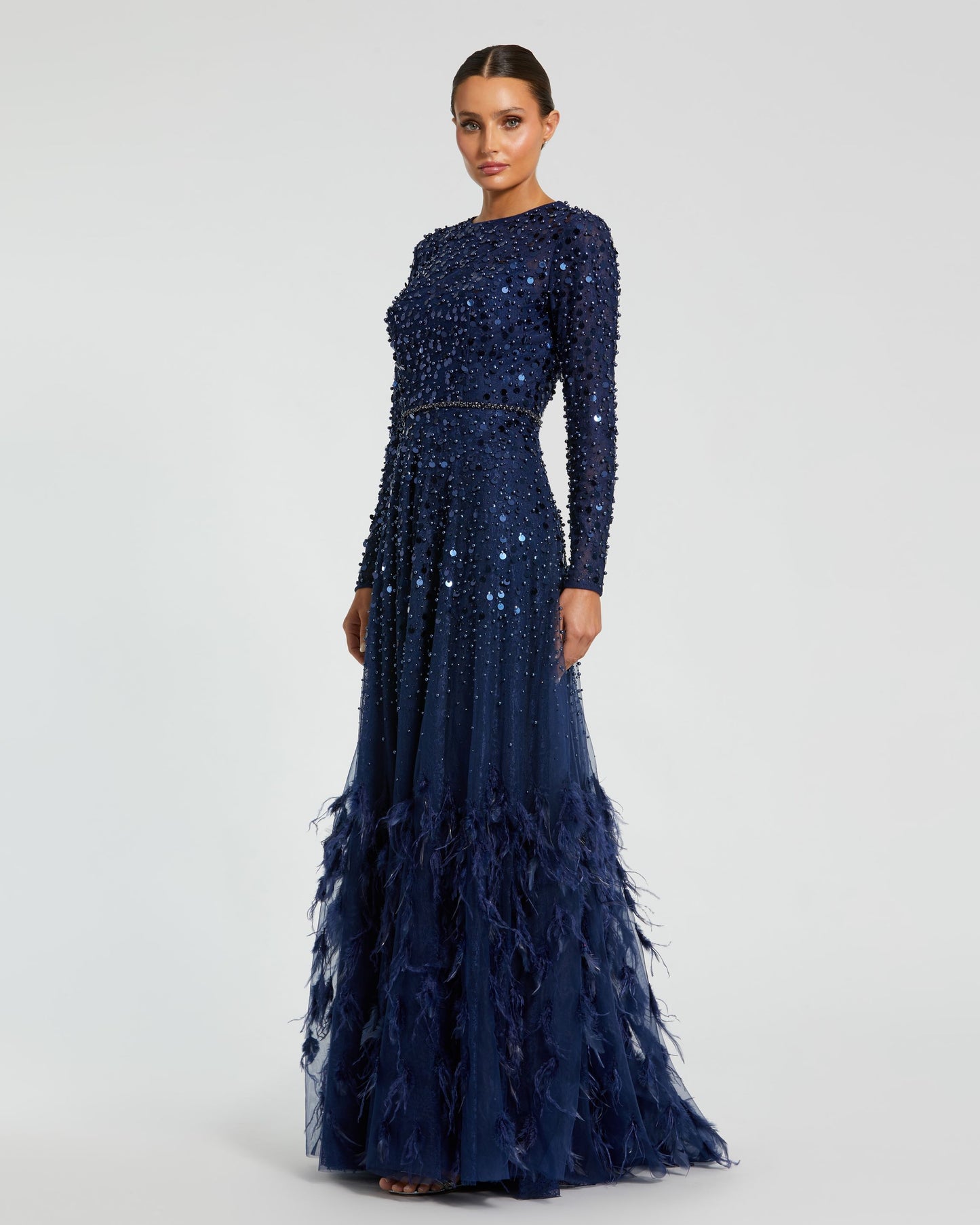 Disc Embellished Sequin Gown with Feather Detail