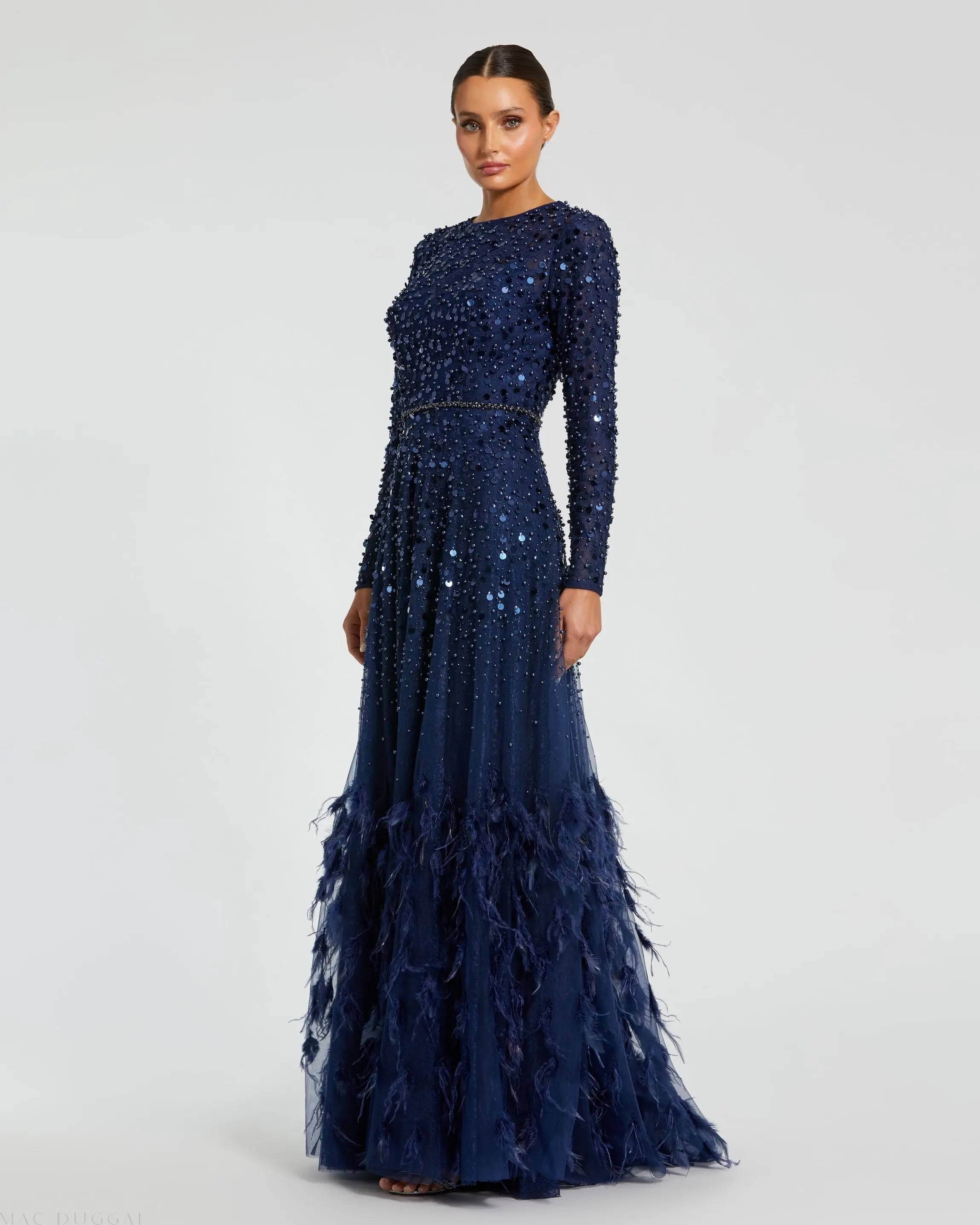Navy Disc Embellished Sequin Gown with Feather Detail - Mac Duggal