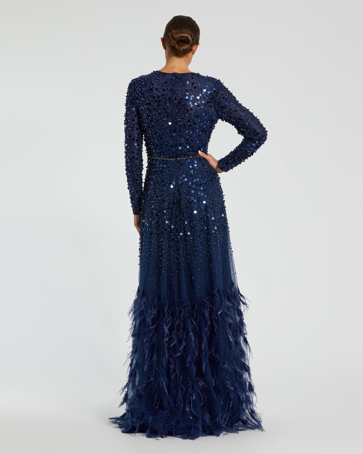 Disc Embellished Sequin Gown with Feather Detail