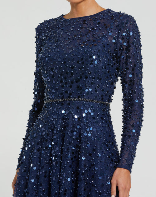 Disc Embellished Sequin Gown with Feather Detail