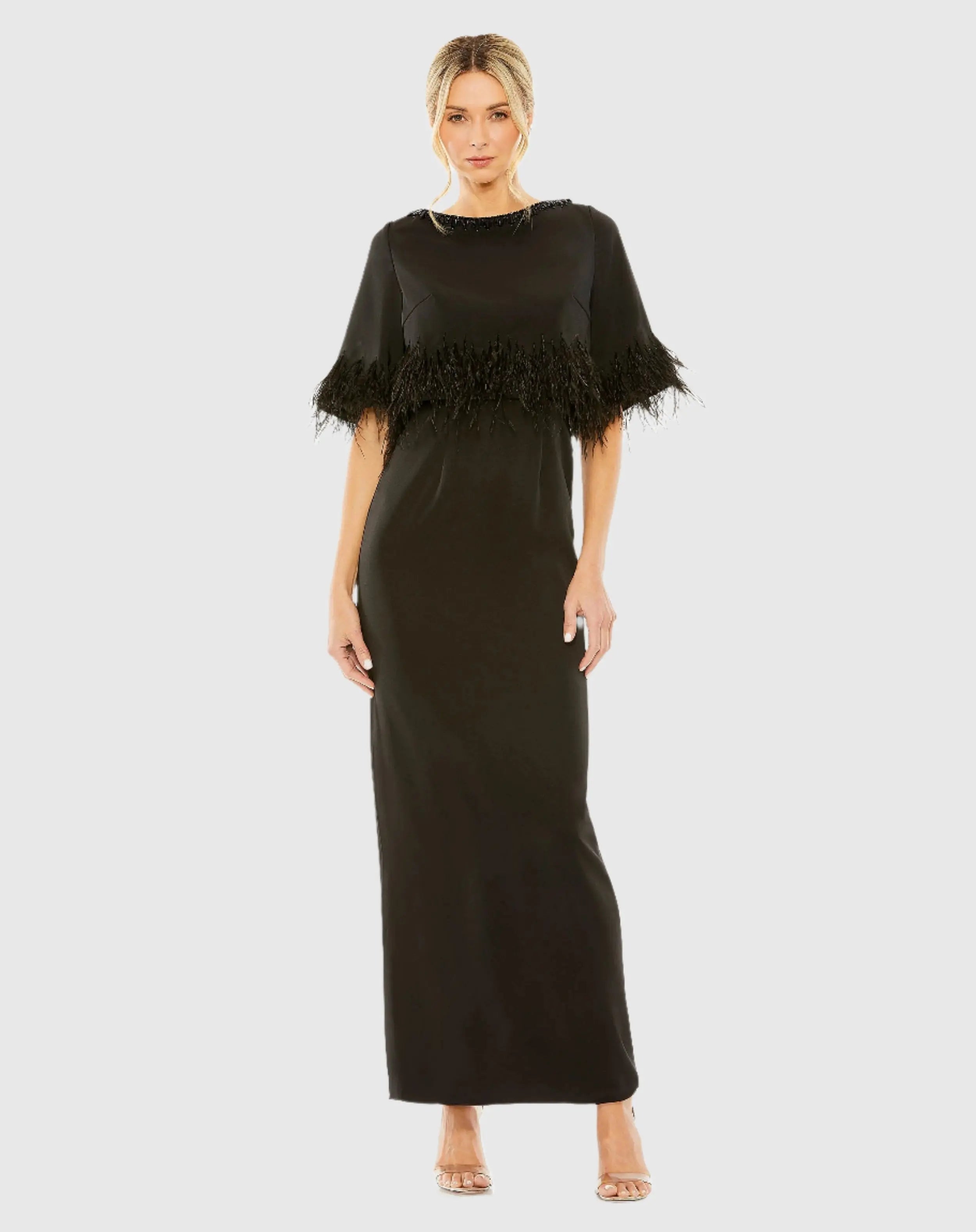 Black Short Sleeve Feather Detail Crystal Neckline Dress - Mac Duggal