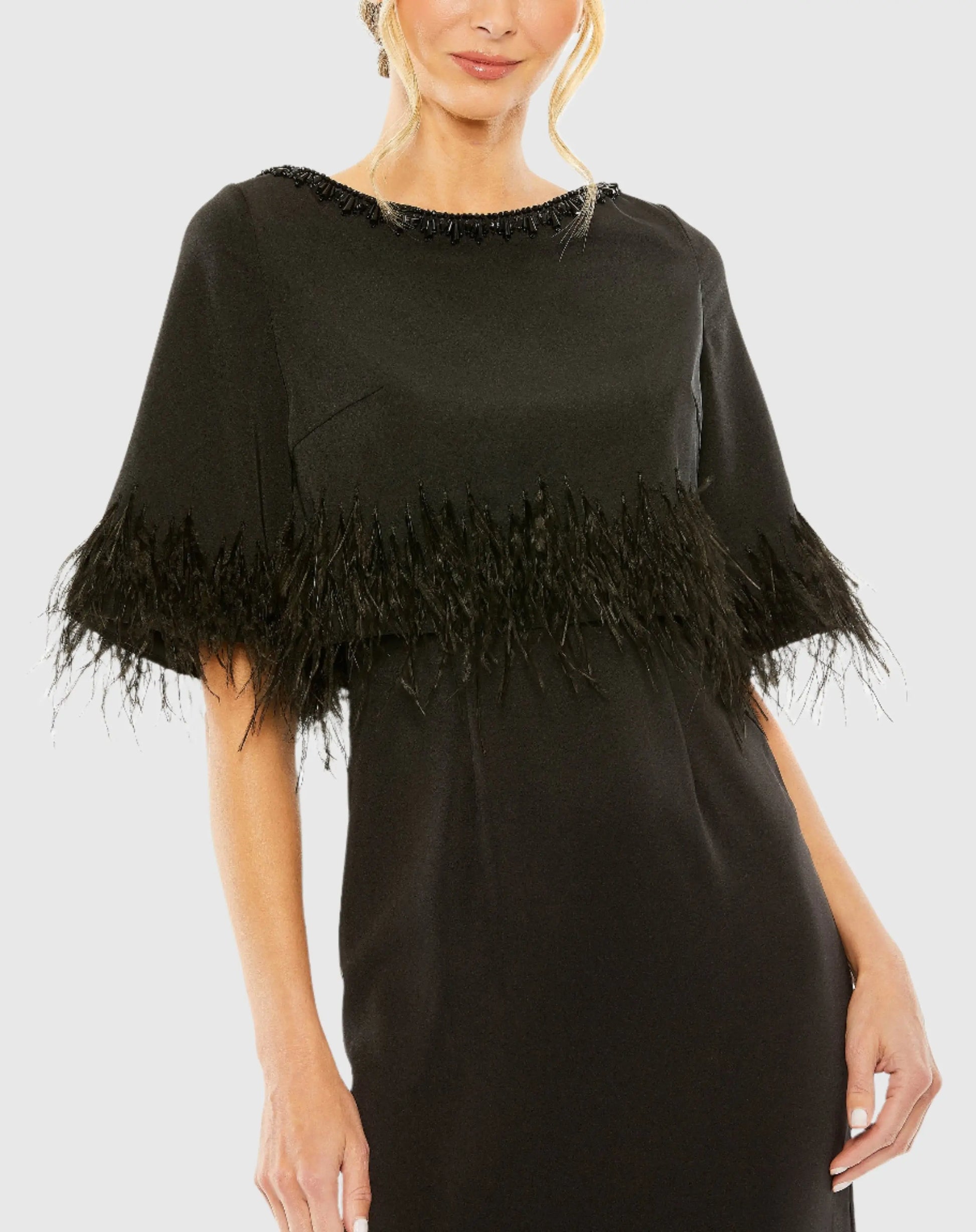 Black Short Sleeve Feather Detail Crystal Neckline Dress | Mac Duggal Black Short Sleeve Feather Detail Crystal Neckline Dress | Mac Duggal