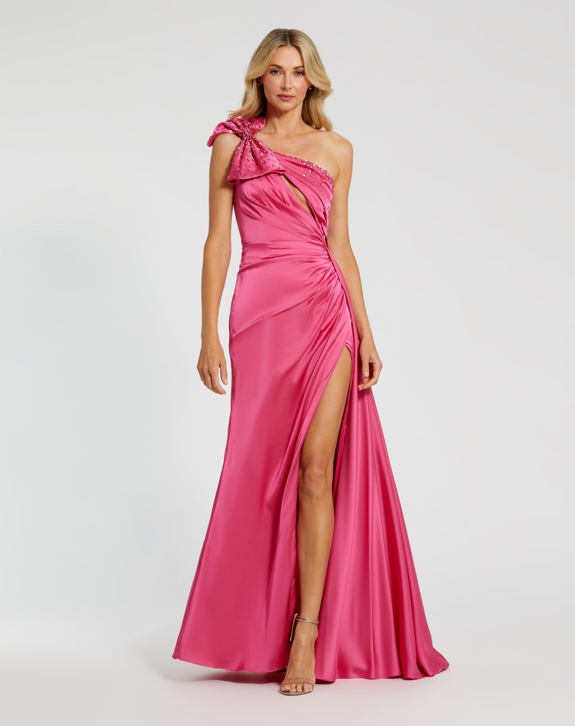 Satin One Shoulder Gown w/ Embellished Bow