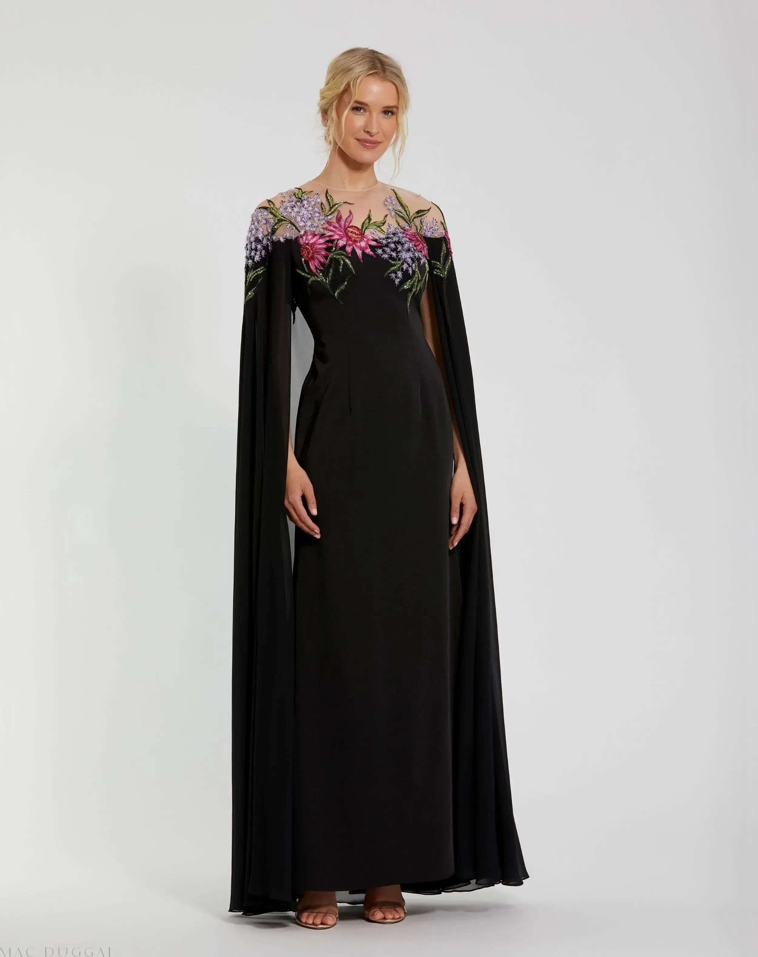 Black Sheer Cape Gown with Beaded Embroidery - Mac Duggal