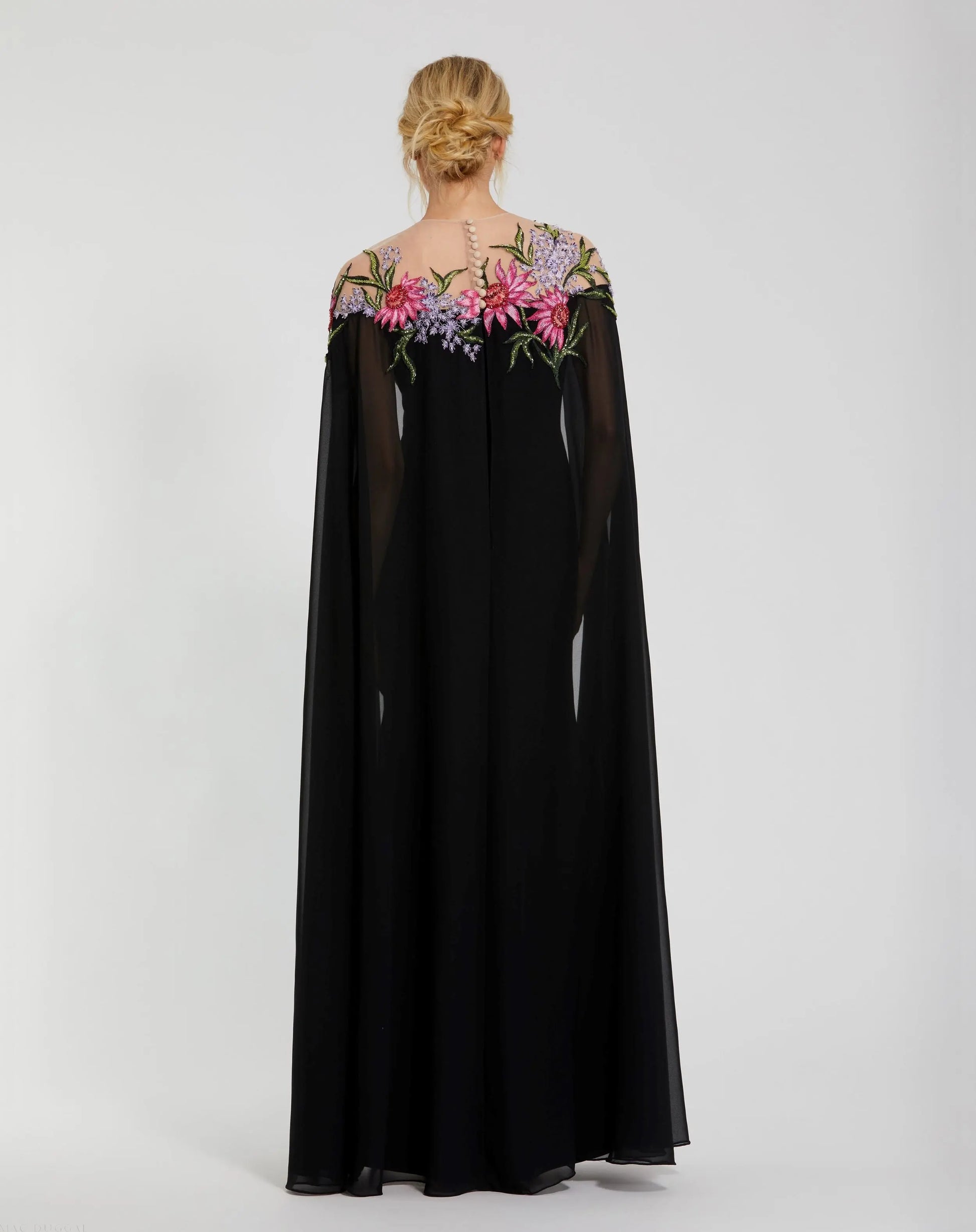 Mac Duggal - Black Sheer Cape Gown with Beaded Embroidery - US 16 Mac Duggal - Black Sheer Cape Gown with Beaded Embroidery - US 16