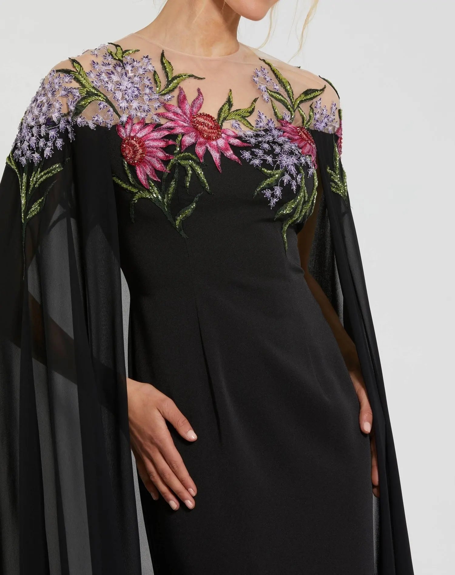 Mac Duggal - Black Sheer Cape Gown with Beaded Embroidery - US 16 Mac Duggal - Black Sheer Cape Gown with Beaded Embroidery - US 16