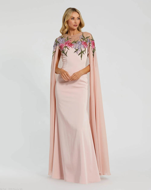 Pink Sheer Cape Gown with Beaded Embroidery - Mac Duggal