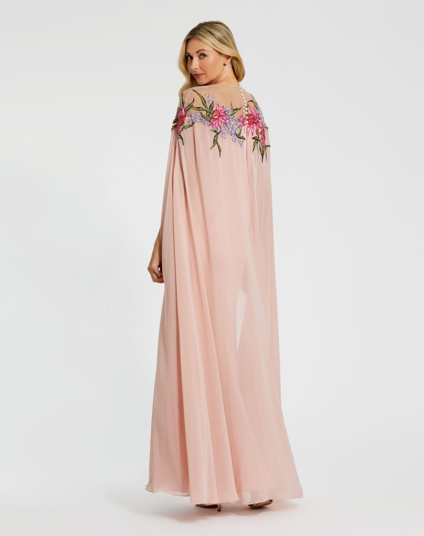 Light Pink Sheer Cape Gown with Beaded Embroidery