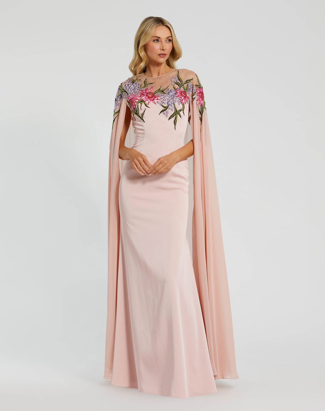 Sheer Cape Gown with Beaded Embroidery