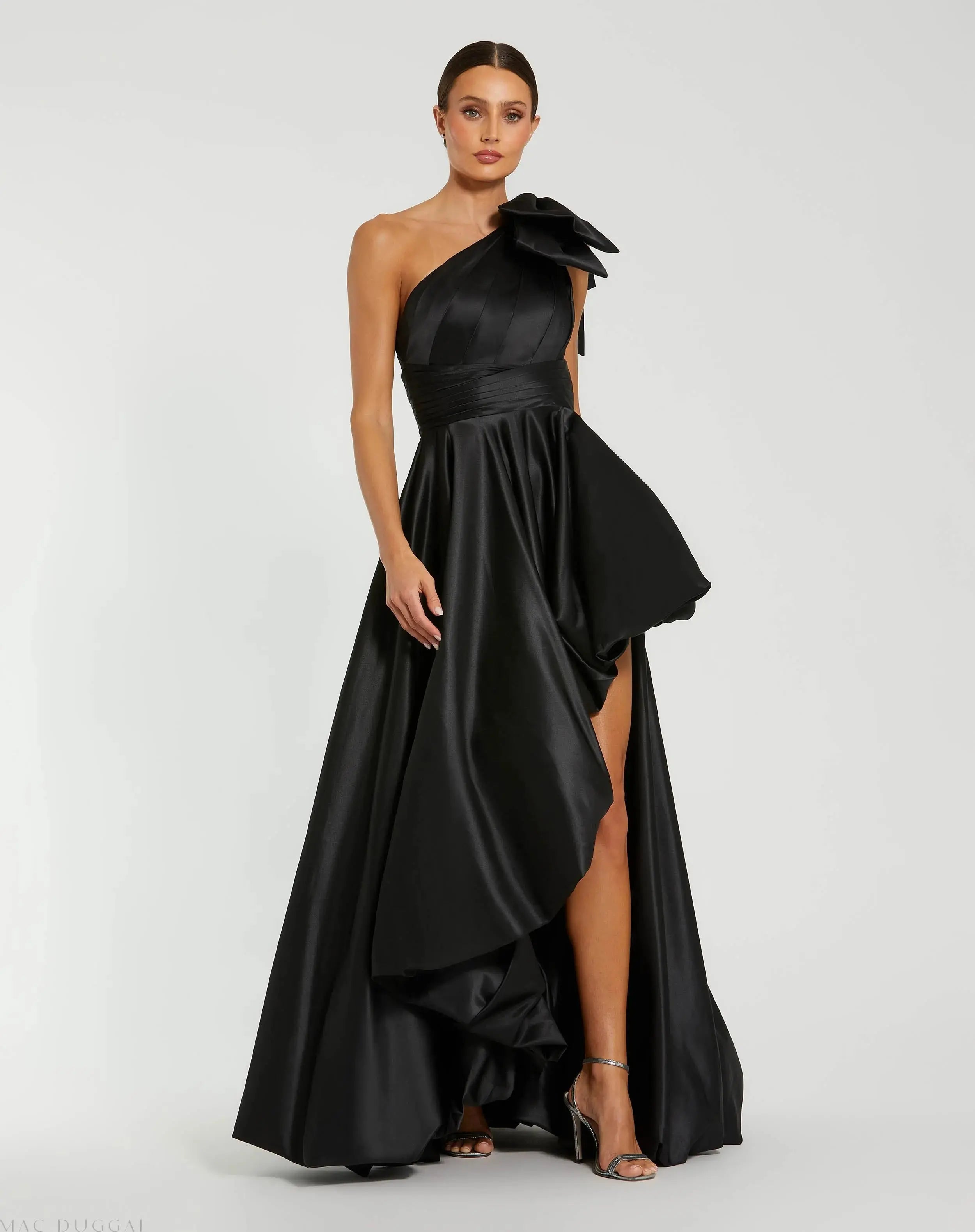 Black Satin One Shoulder Bow Gown - Mac Duggal
